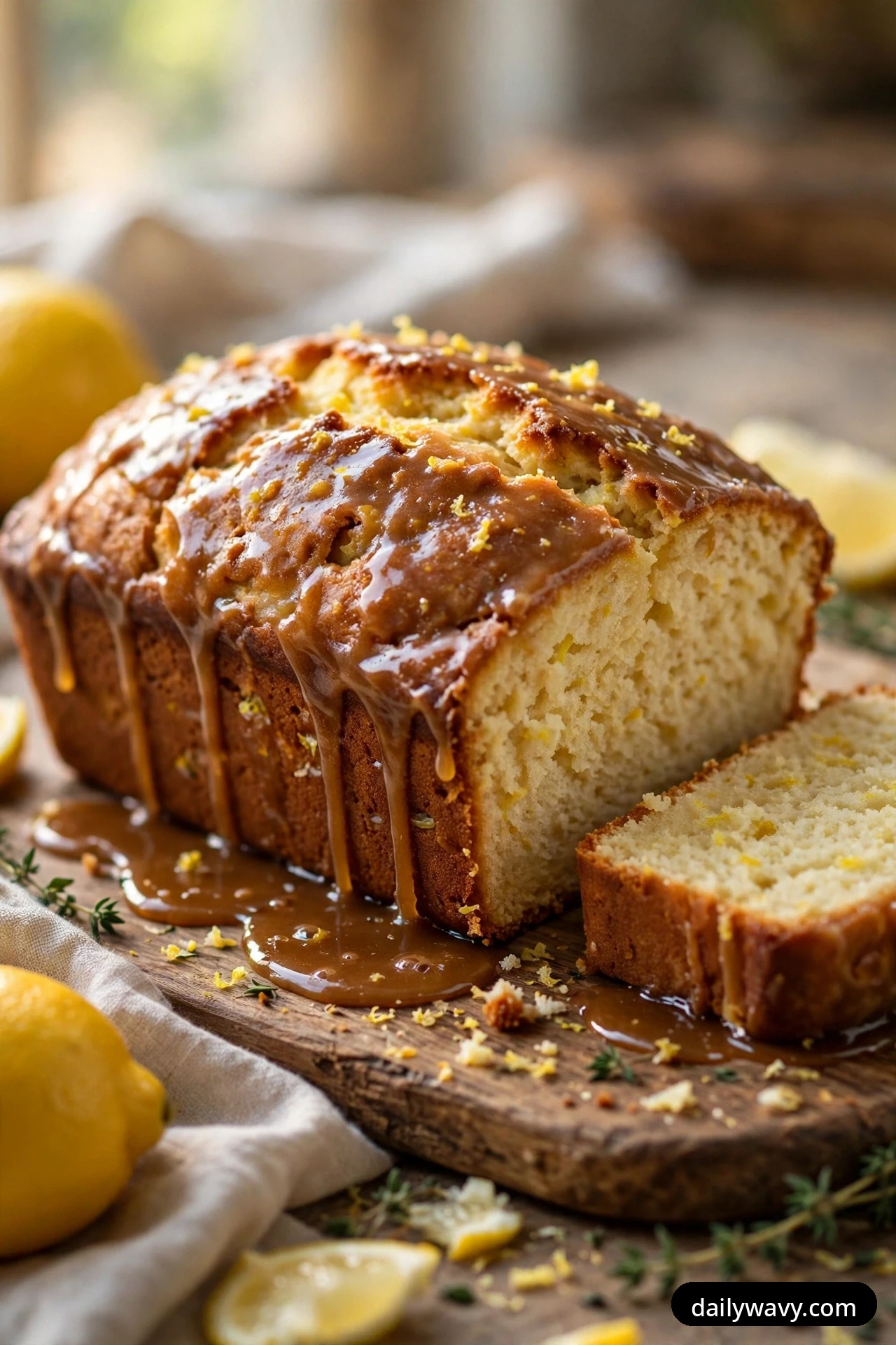 A lemon loaf coated in a glossy amber brown-butter glaze that drips down its sides sits on a rustic wooden board with one slice cut in front of it.