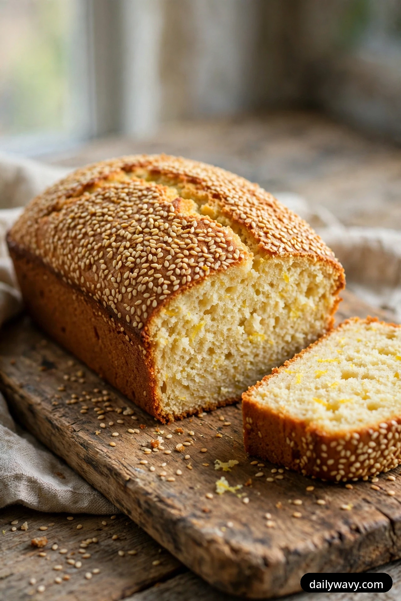 A lemon loaf covered in a golden sesame seed crust sits on a rustic wooden board with one slice cut in front, showing the pale lemon crumb.