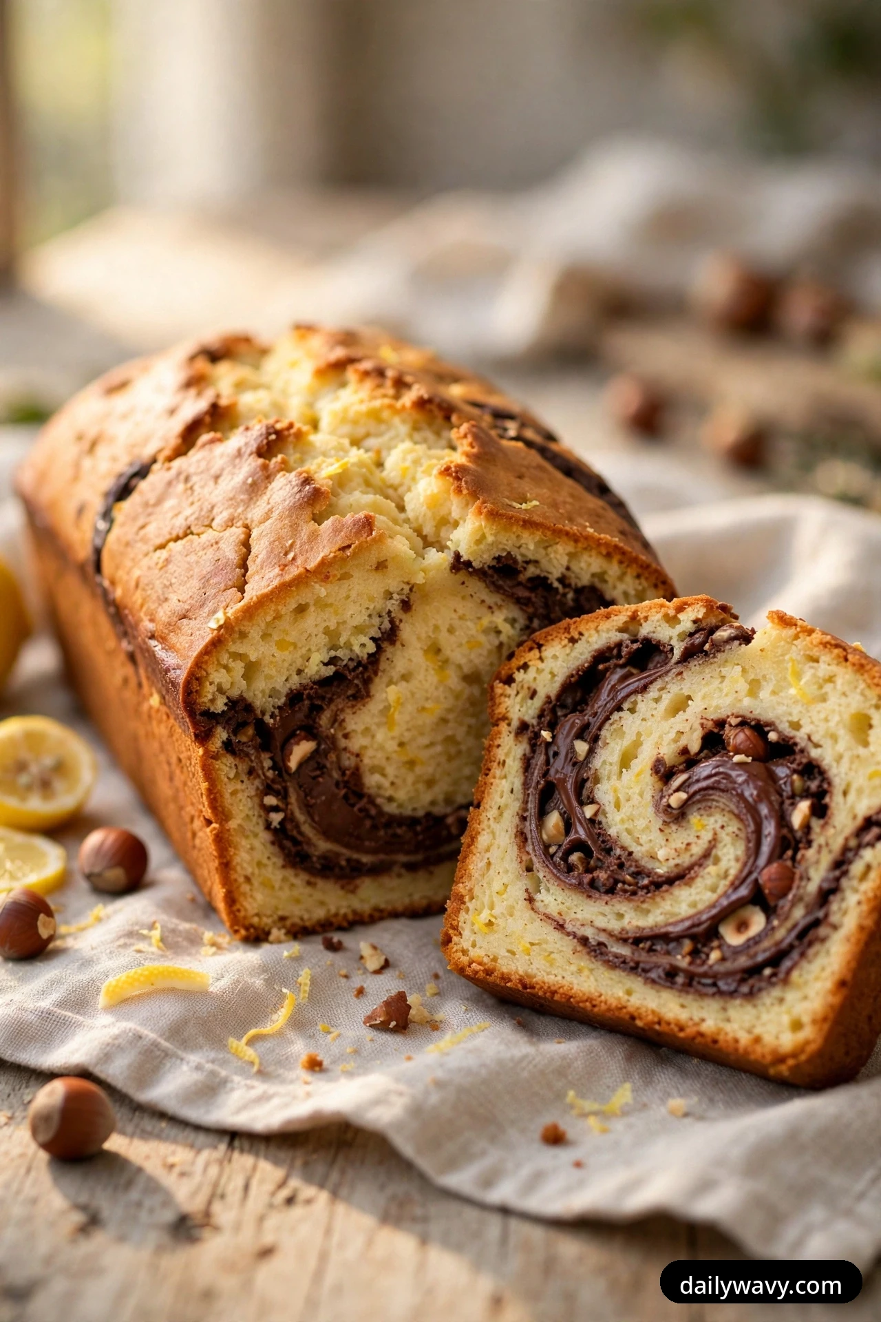 A lemon loaf with a dark chocolate hazelnut swirl through its crumb rests on a linen cloth with one slice cut, showing the spiral pattern.