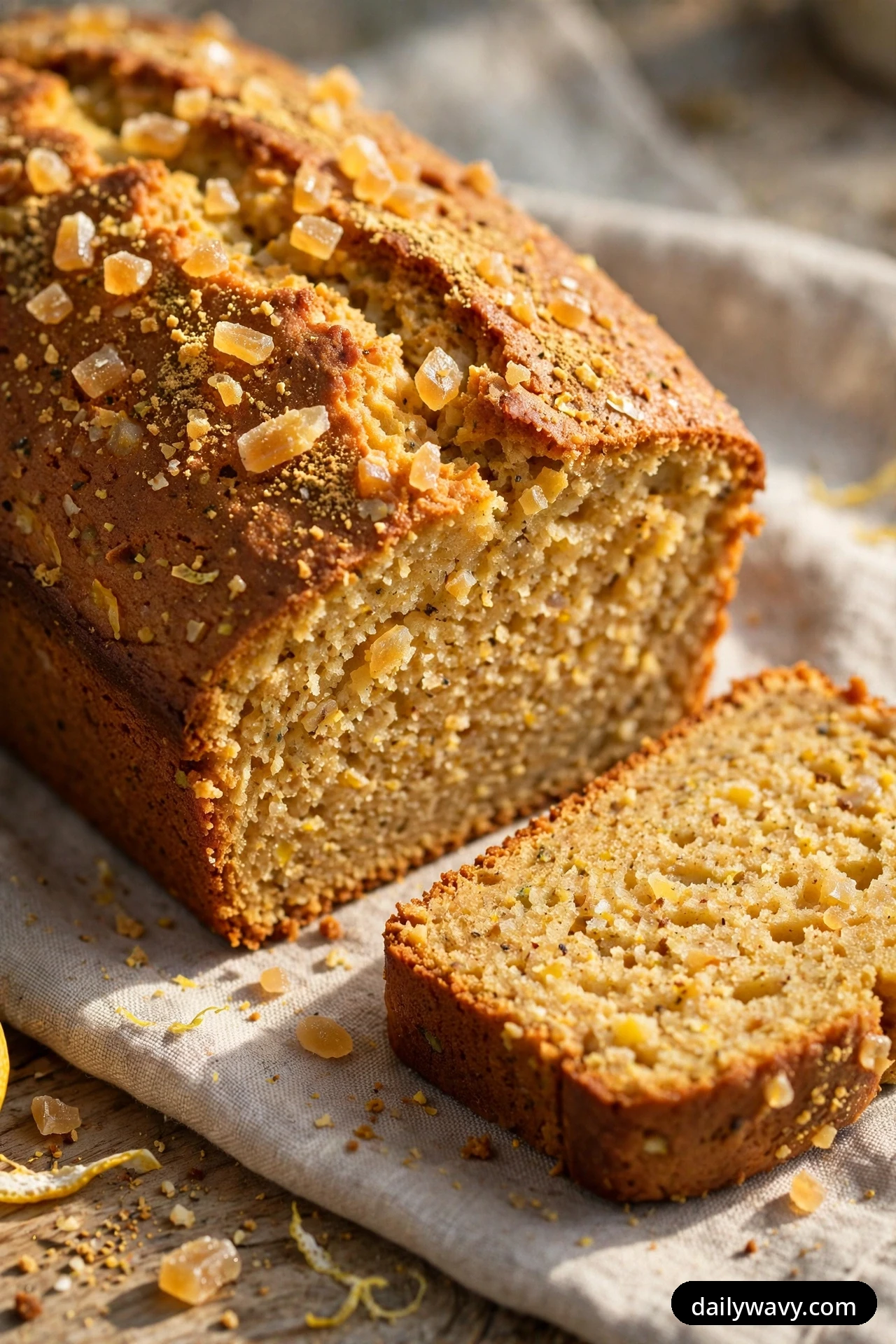 A golden lemon ginger loaf topped with chunks of crystallized ginger rests on a linen cloth with one slice cut in front of it.