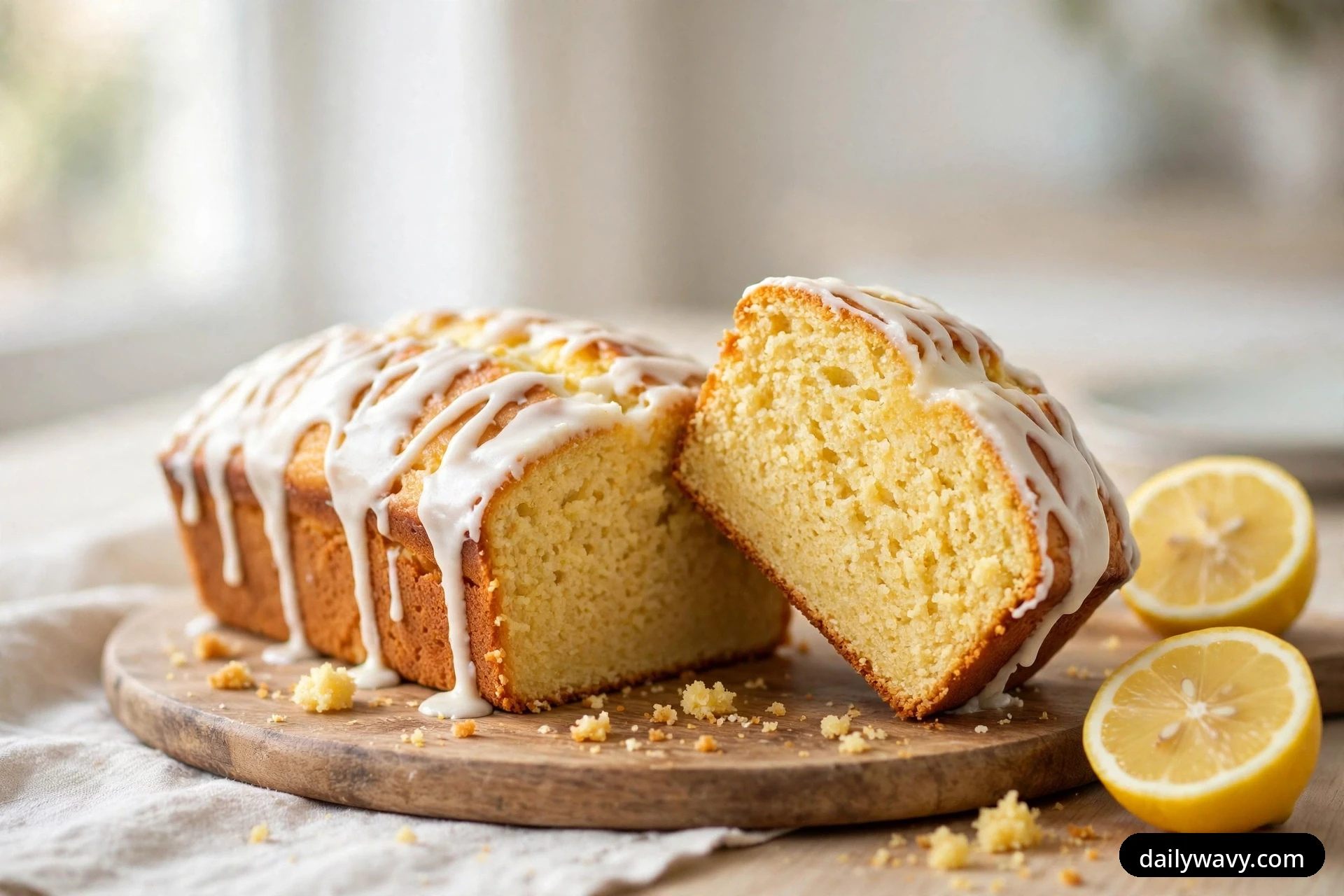 A golden lemon loaf drizzled with white vanilla icing sits on a round wooden board with one thick slice leaning against it and two lemon halves beside it.