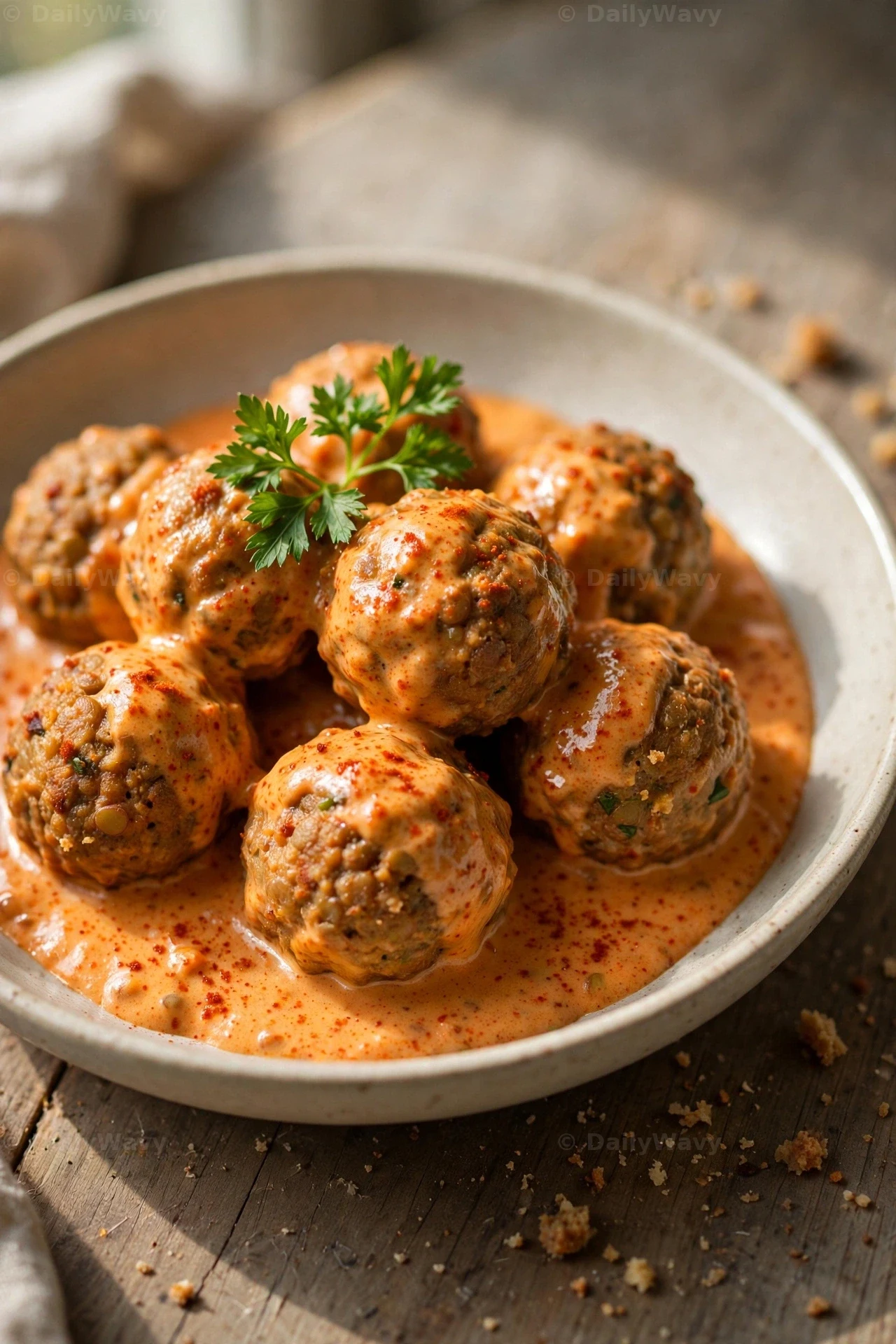 Lentil meatballs coated in creamy paprika sauce fill a shallow bowl, dusted with paprika flecks and topped with a parsley sprig.