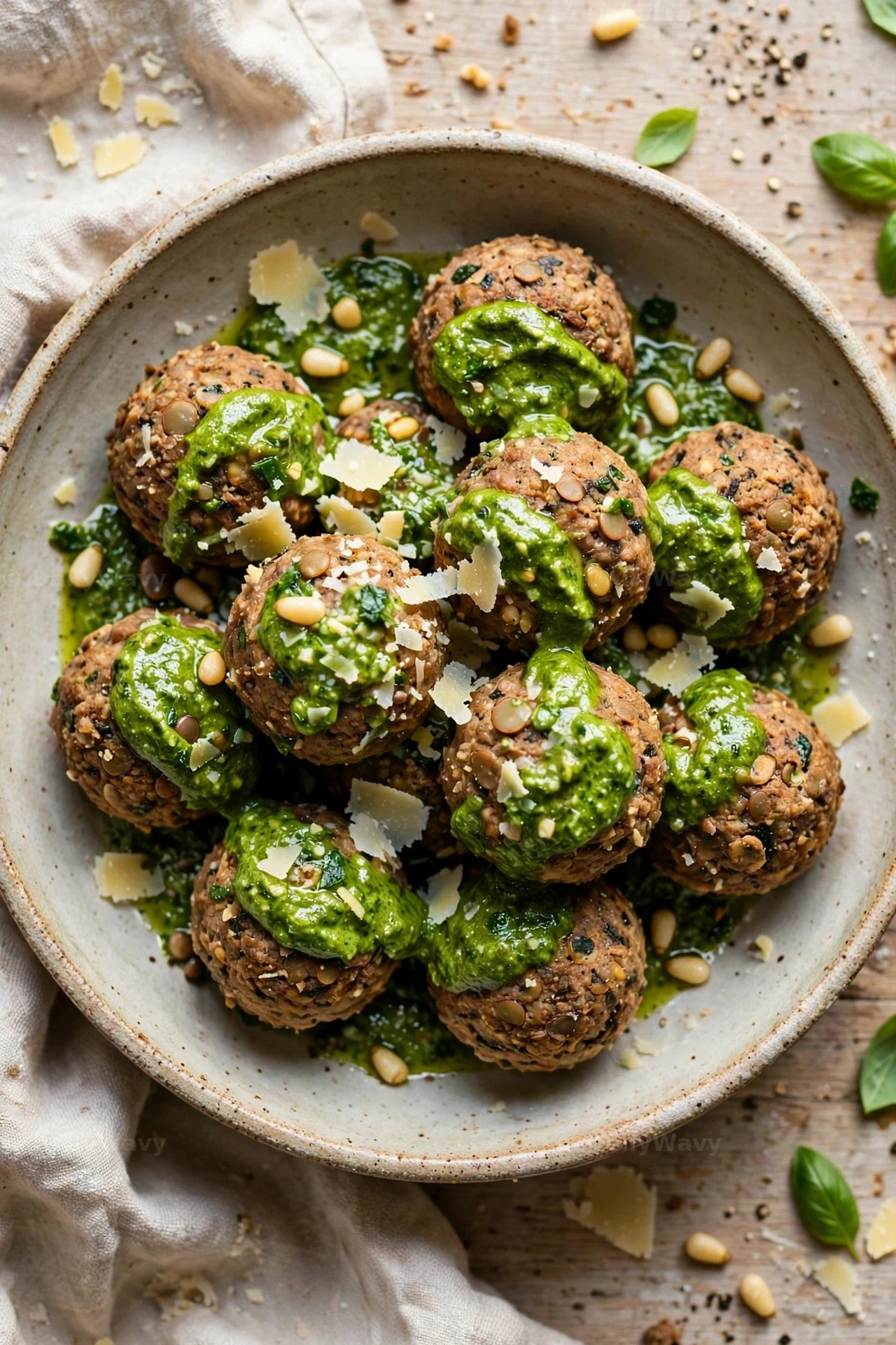 Lentil meatballs dolloped with bright green basil pesto fill a speckled bowl seen from above, scattered with pine nuts and Parmesan shavings.