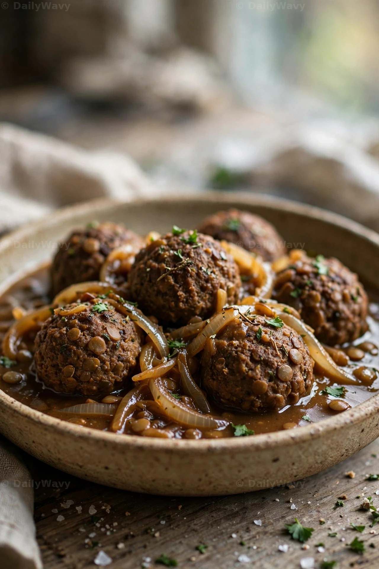 Lentil meatballs sit in a brown onion gravy in a speckled bowl, with soft caramelized onion strands draped over the top.