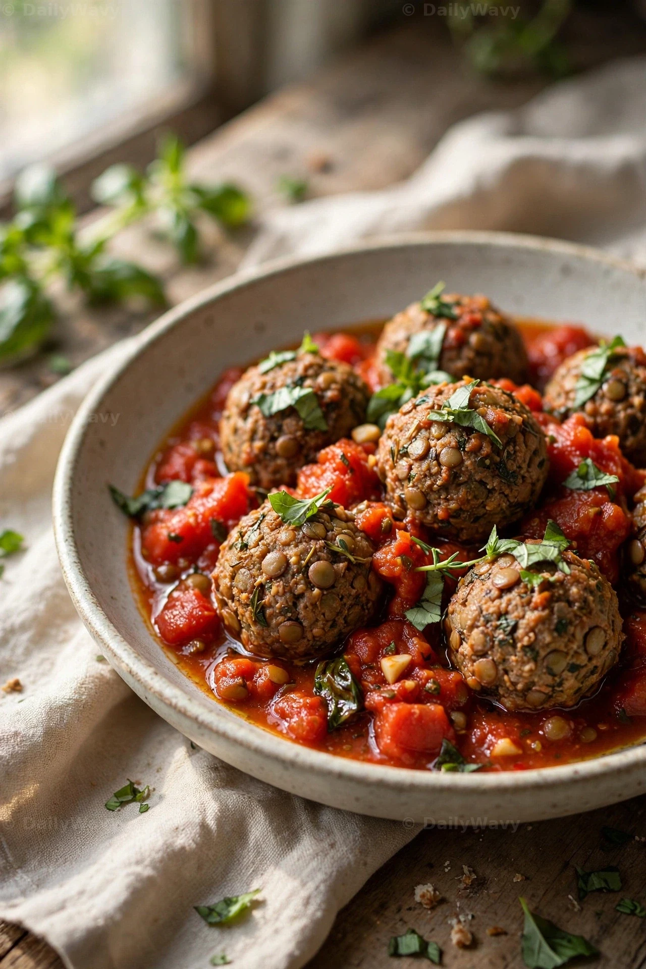 Lentil meatballs rest in a chunky tomato basil sauce with torn basil leaves, in a bowl set on linen by a window.