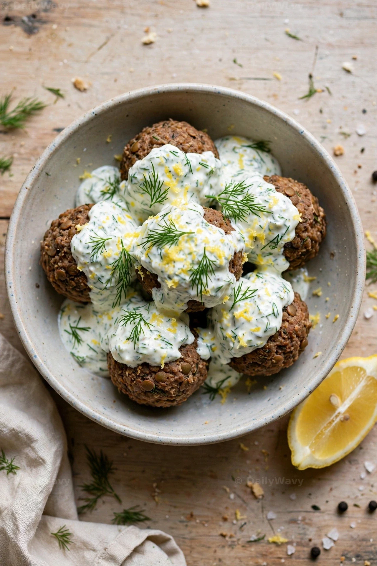 Lentil meatballs covered in a white lemon herb yogurt sauce flecked with dill and lemon zest fill a bowl seen from above, with a lemon wedge beside it.
