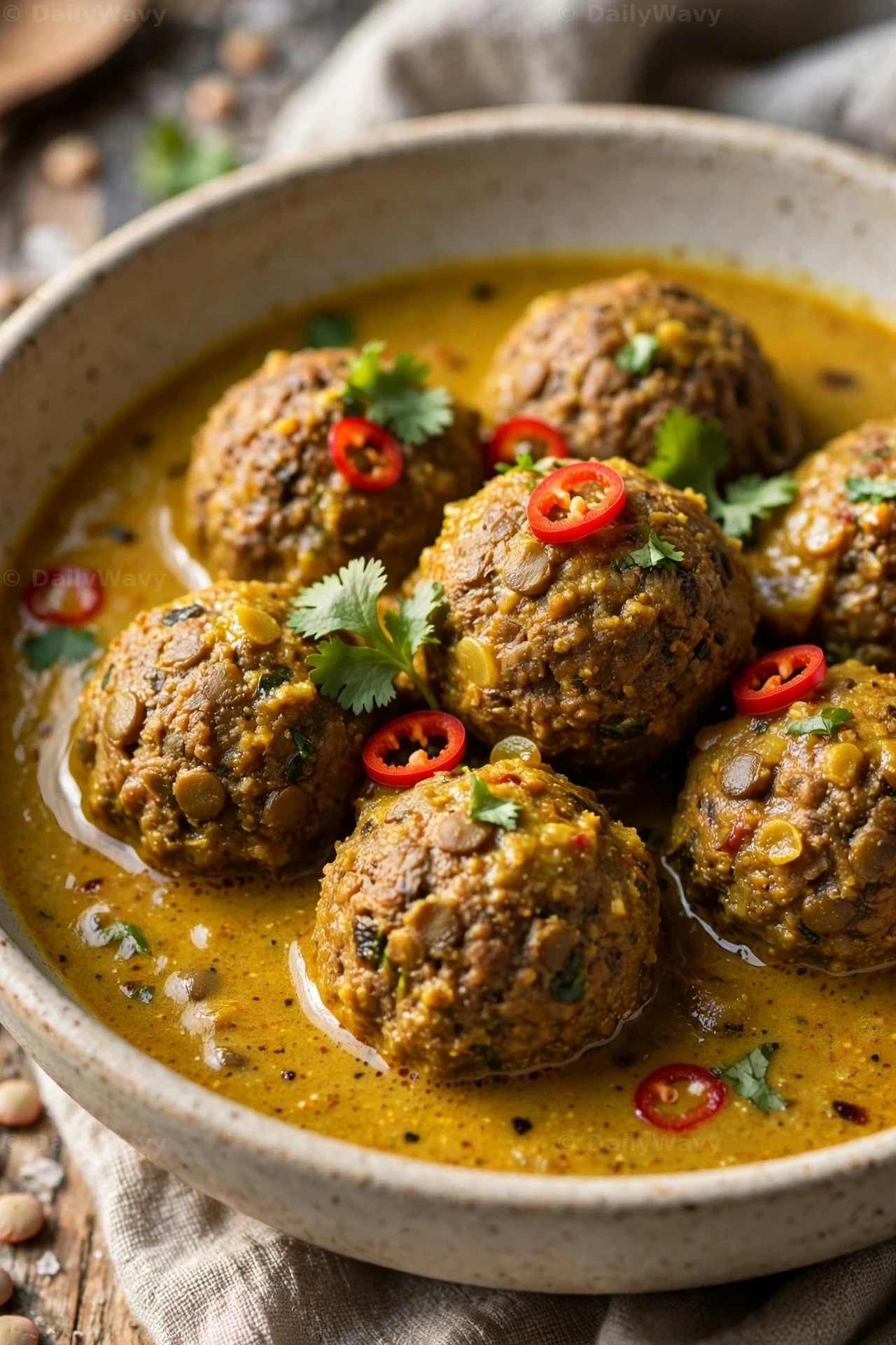 Lentil meatballs simmer in a golden coconut curry sauce in a speckled bowl, topped with fresh cilantro leaves.