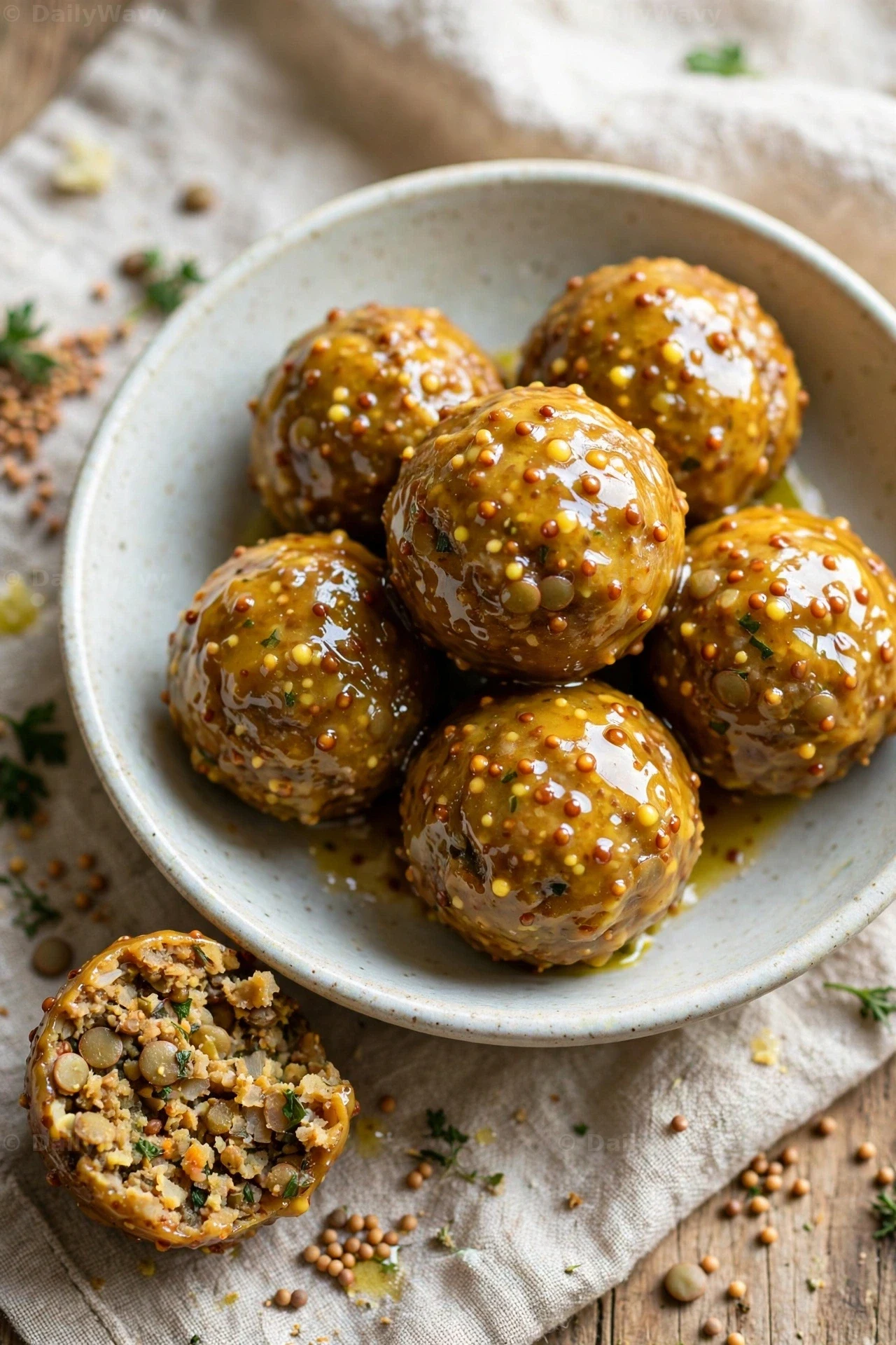 Lentil meatballs coated in a glossy golden honey mustard glaze fill a bowl, with one meatball halved beside the bowl to show the lentil interior.