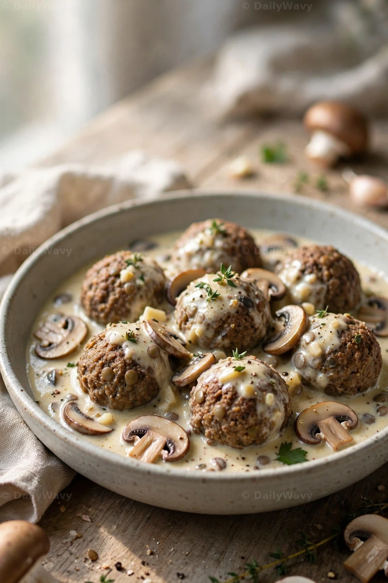 Lentil meatballs in a creamy mushroom gravy with sliced mushrooms and thyme leaves fill a shallow bowl.