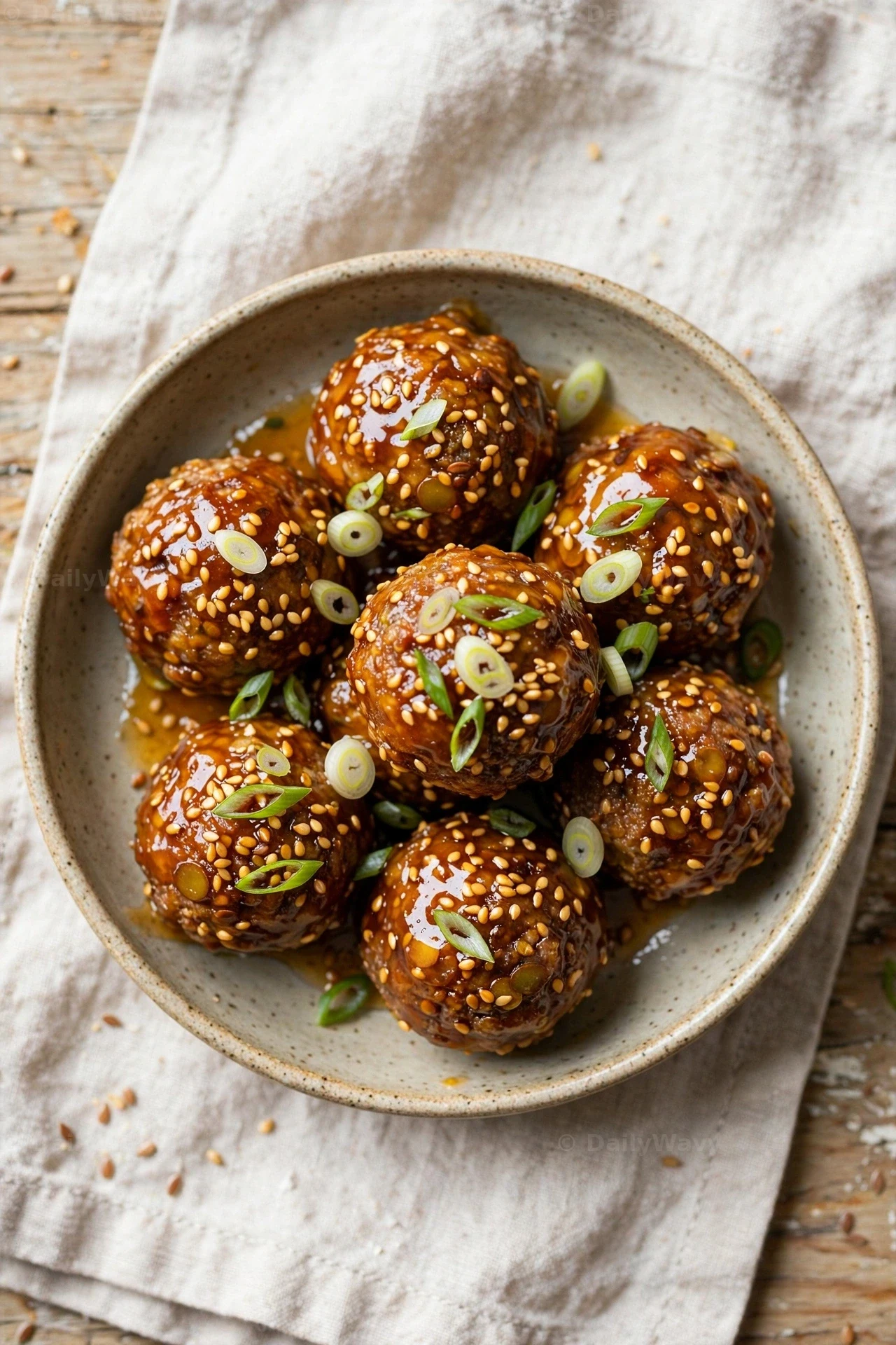 Lentil meatballs in a glossy sesame ginger glaze are piled in a bowl seen from above, showered with sesame seeds and sliced scallions.