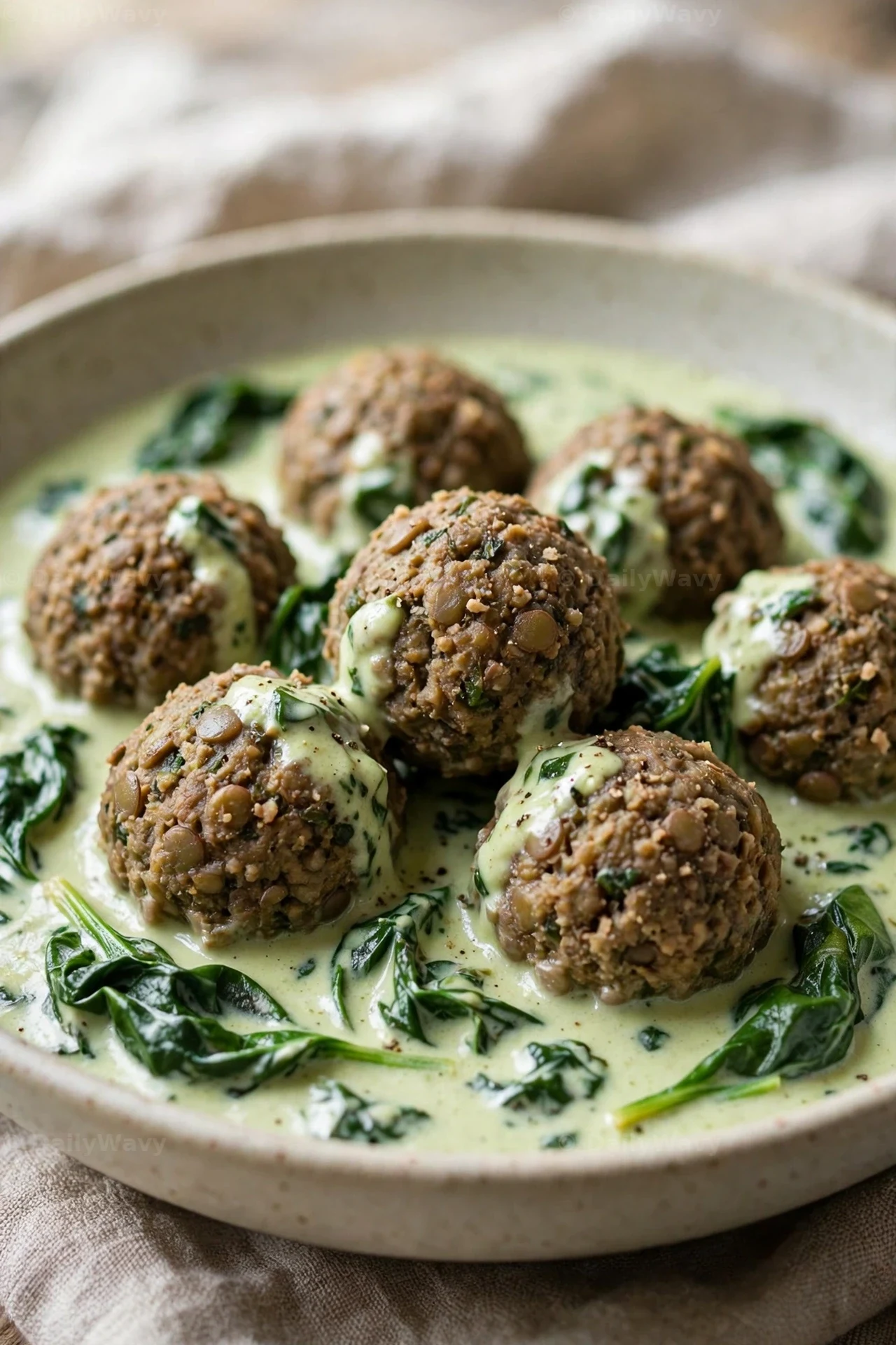 Lentil meatballs sit in a pale spinach cream sauce with wilted spinach leaves throughout the bowl.