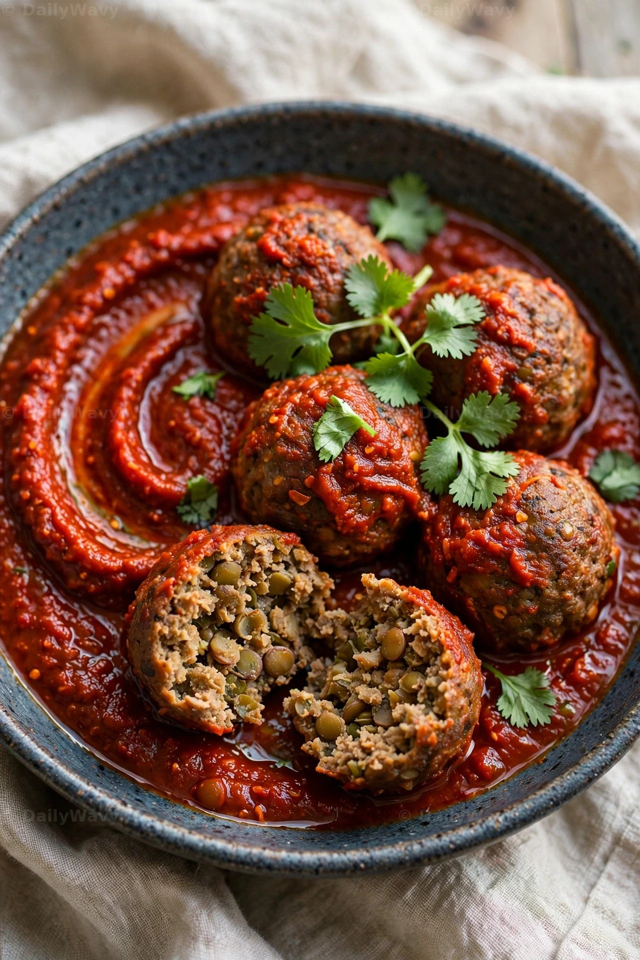 Lentil meatballs in a deep red harissa tomato sauce fill a dark bowl, topped with cilantro, with one meatball split open to show the lentils inside.
