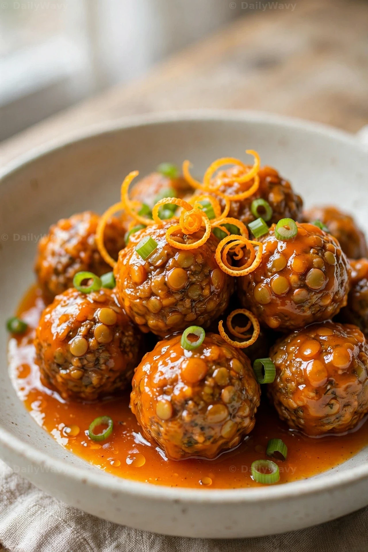 Lentil meatballs lacquered with a glossy orange glaze are piled in a bowl with curls of orange zest and sliced green onions.