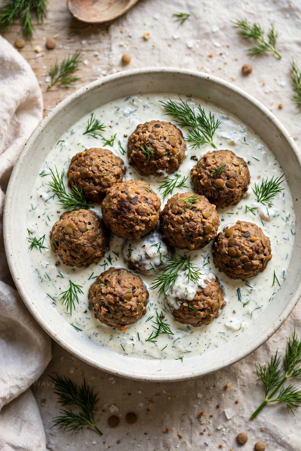 Lentil meatballs sit in a creamy white dill sauce in a bowl seen from above, with fresh dill fronds scattered over the top.
