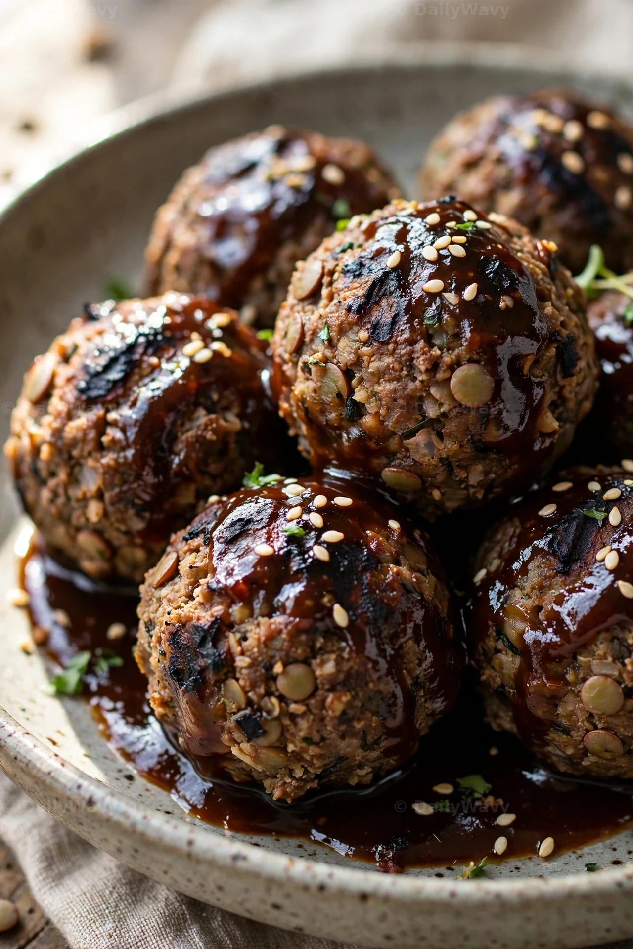 Lentil meatballs under a dark glossy barbecue glaze with charred, caramelized spots are piled on a speckled plate.