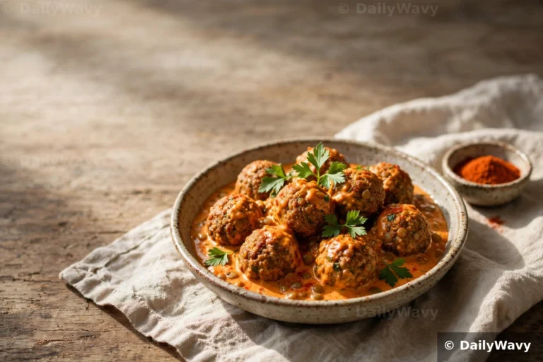 A speckled ceramic bowl of lentil meatballs in creamy paprika sauce sits on a linen cloth over a wooden table, garnished with parsley leaves, with a small dish of paprika beside it.