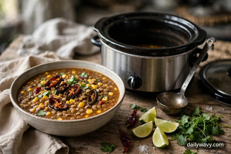 A slow cooker of lentil soup on a cozy kitchen counter with soup bowls