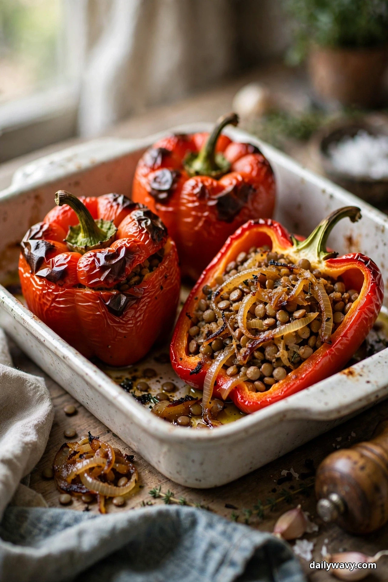 Roasted red bell peppers stuffed with lentils and caramelized onion sit in a white baking dish on a wooden table, one pepper halved to show the filling inside