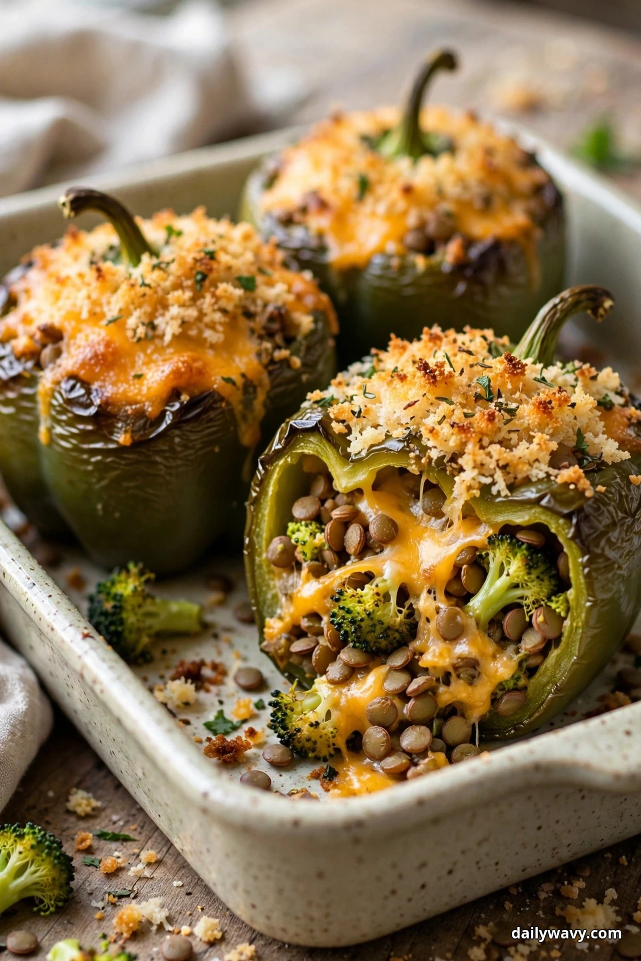 Green bell peppers stuffed with lentils and broccoli florets stand in a baking dish under melted cheddar and a golden panko crust, one pepper halved to show the cheesy filling