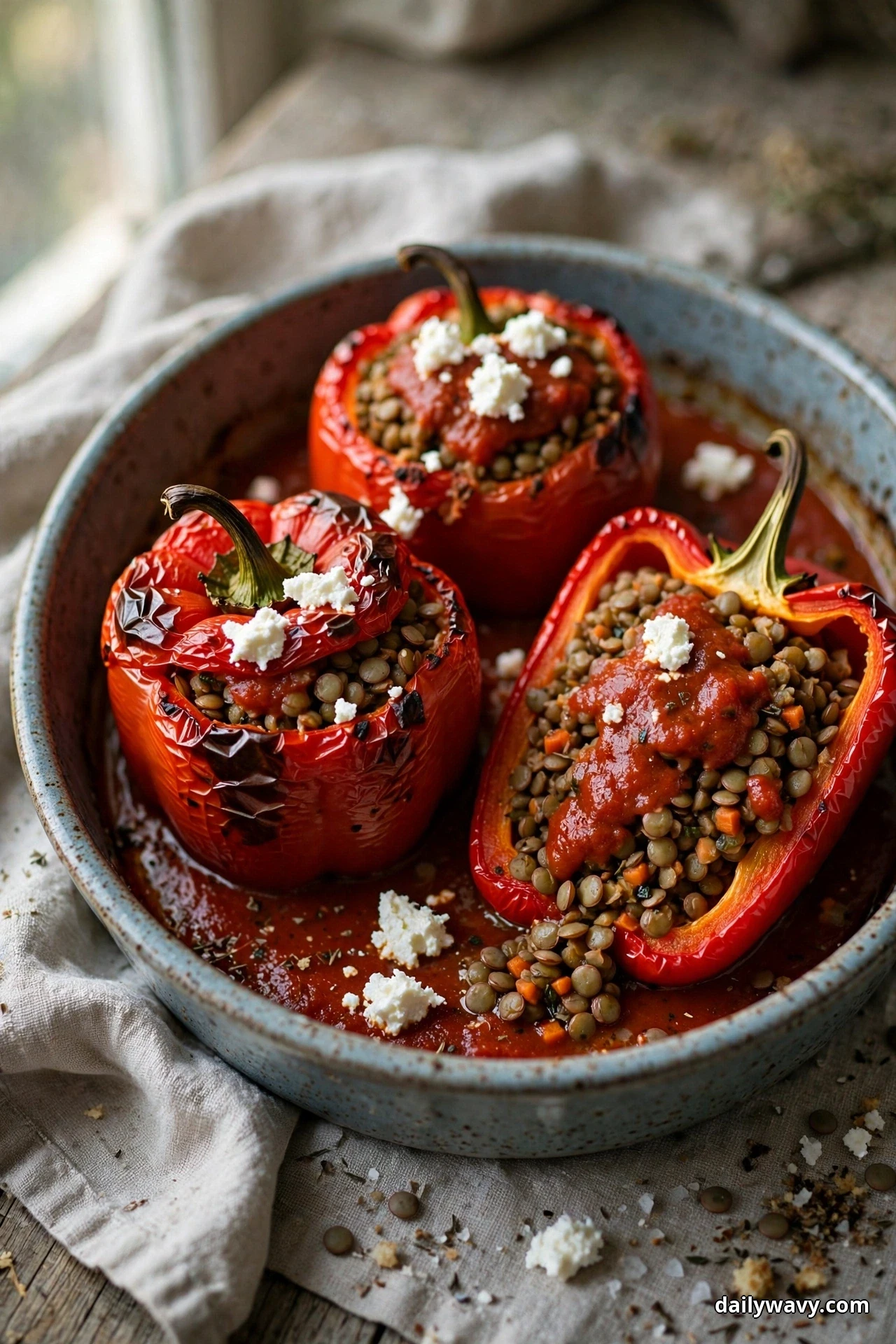 Red bell peppers stuffed with lentils sit in a round dish of roasted red pepper sauce, the halved pepper showing its lentil filling topped with sauce and crumbled goat cheese