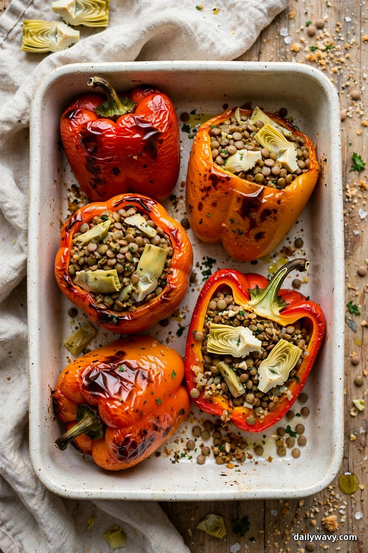 Seen from above, roasted red and orange bell peppers filled with lentils and quartered artichoke hearts fill a white baking dish, one pepper halved to show the filling