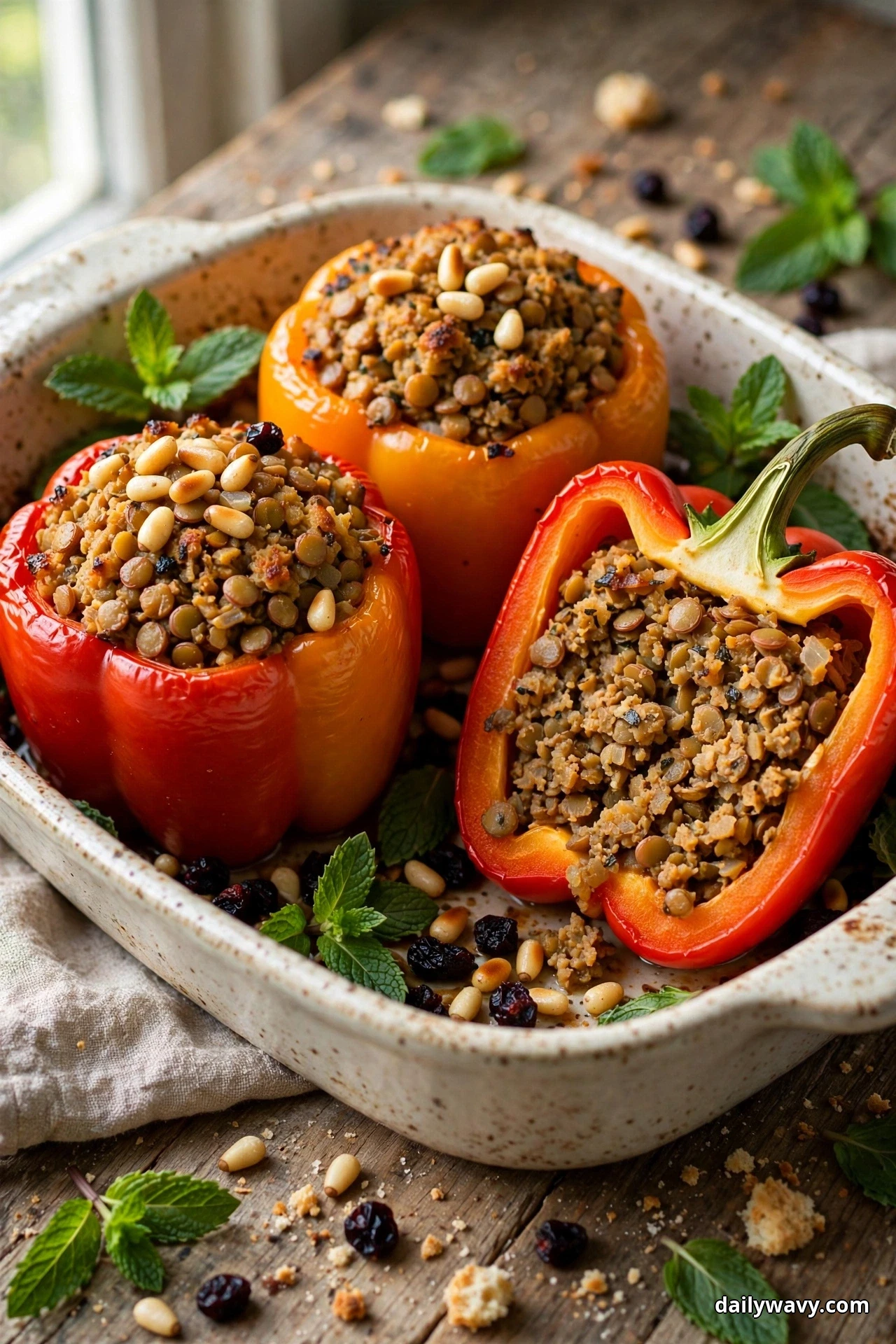 Red and orange bell peppers filled with spiced lentils and couscous sit in a speckled dish topped with toasted pine nuts and currants, fresh mint leaves scattered around and one pepper halved
