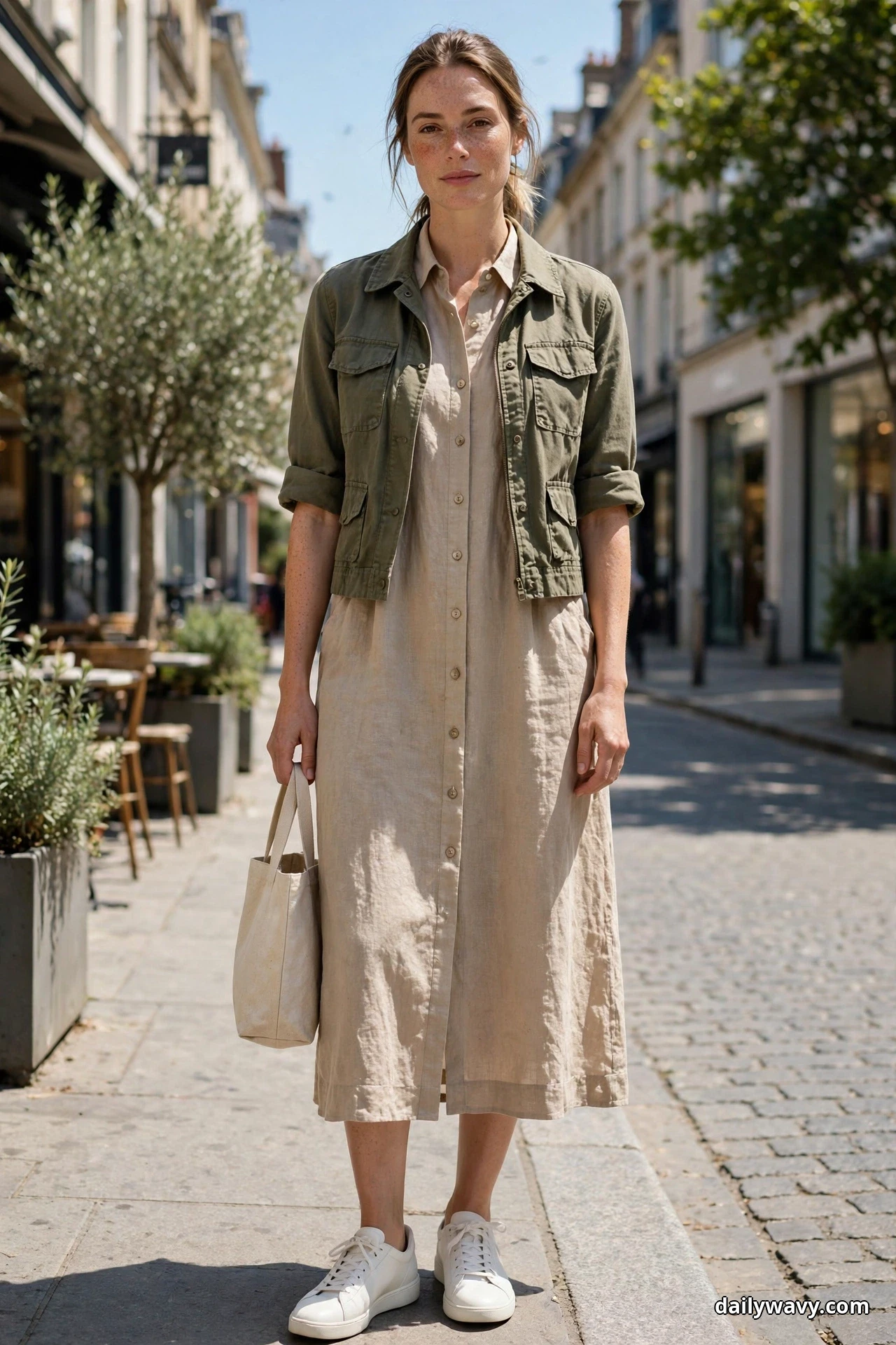 A woman stands full length on a bright city street wearing a short olive utility jacket with rolled sleeves over a sand-beige midi linen shirt dress, holding a small canvas tote, with white leather sneakers