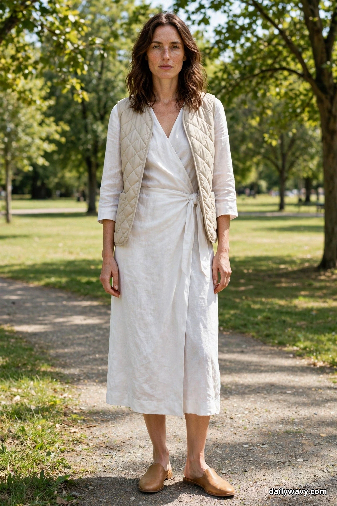 A woman stands full length on a park path wearing a white linen wrap midi dress under a light beige quilted vest worn open, with tan leather flat mules