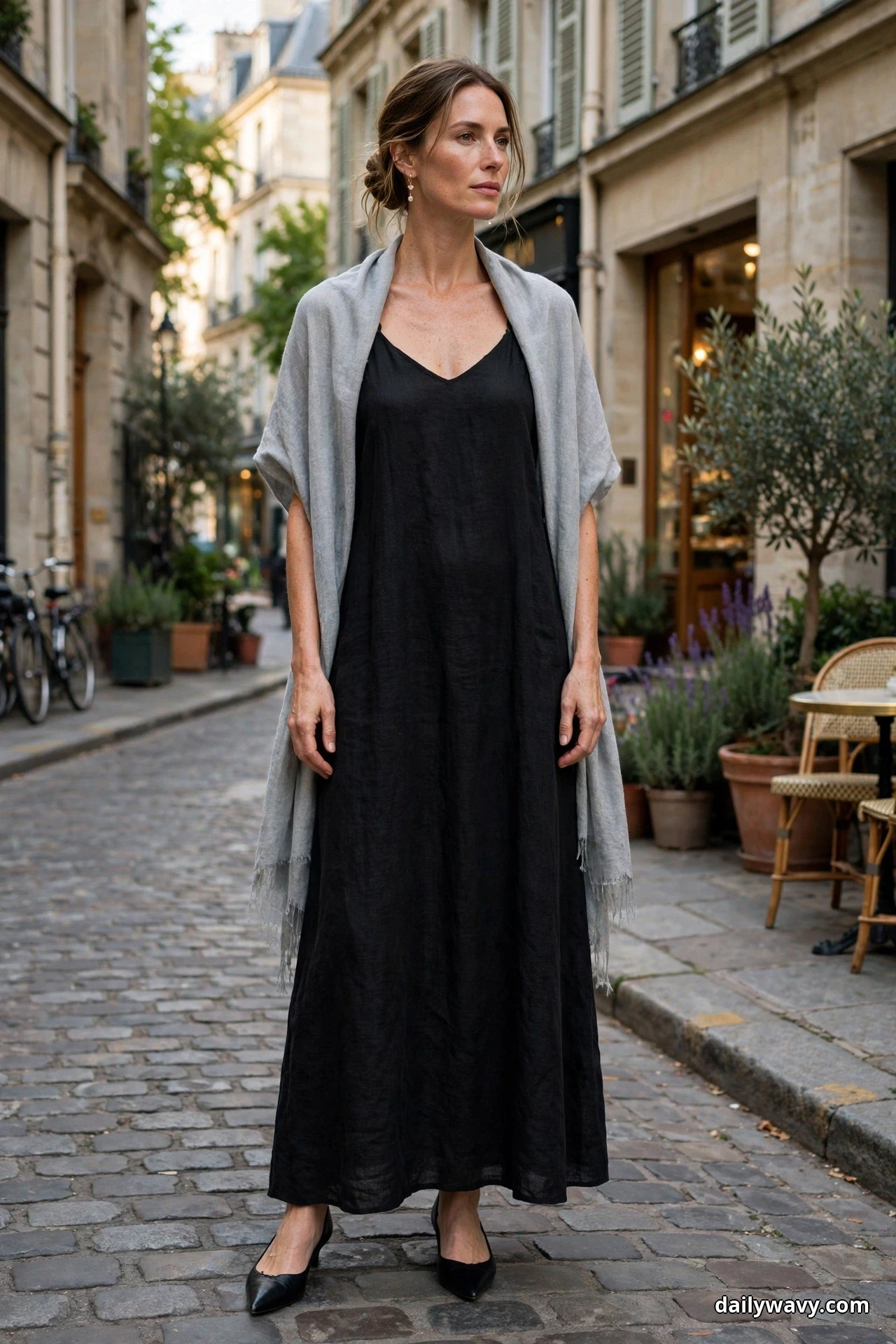 A woman stands full length on an evening cobbled street wearing a black linen maxi dress with a soft light-gray shawl draped over her shoulders, with black pointed evening flats