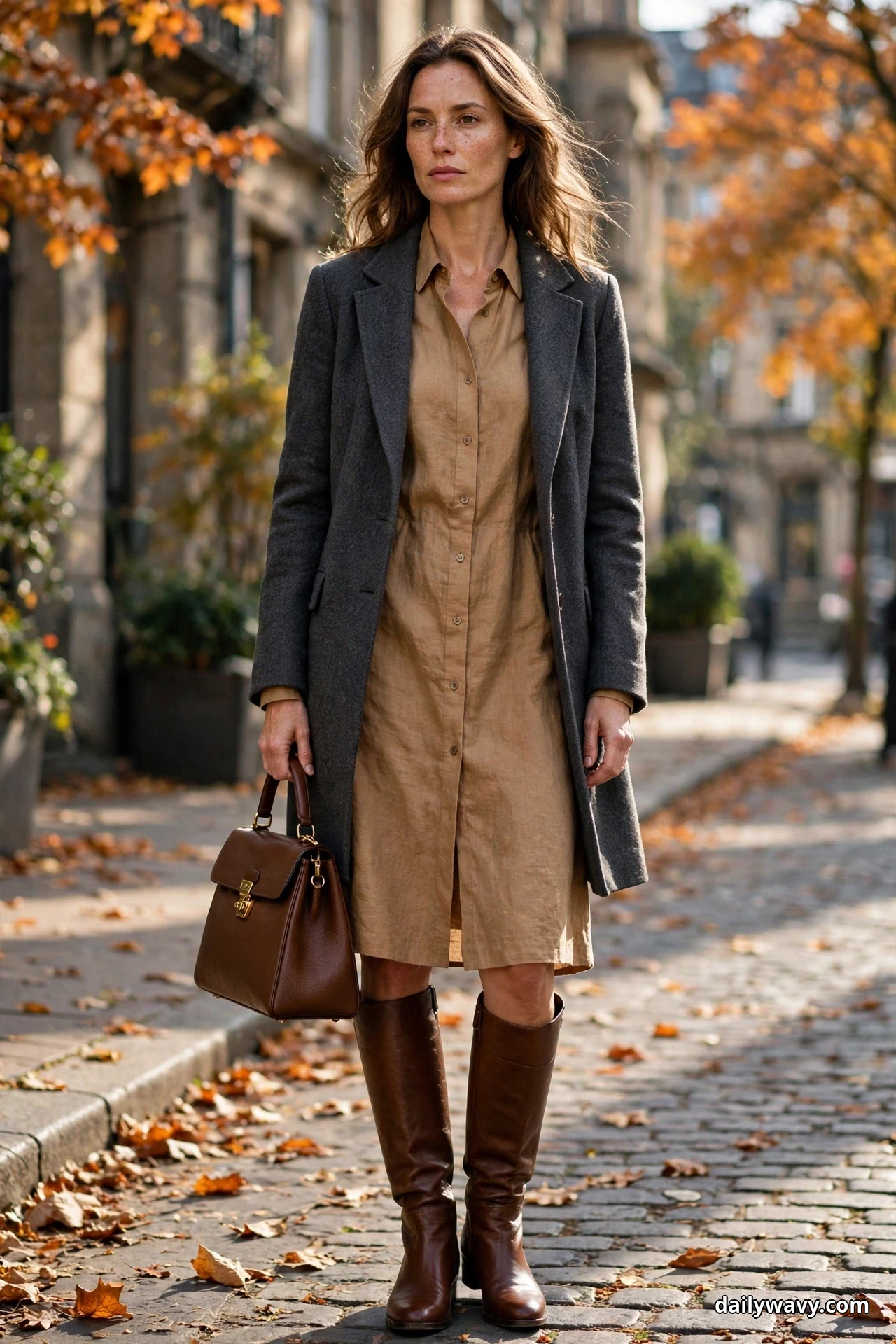 A woman stands full length on an autumn street wearing a camel linen shirt dress under a tailored charcoal wool coat worn open, carrying a structured brown leather handbag, with brown knee-high leather boots