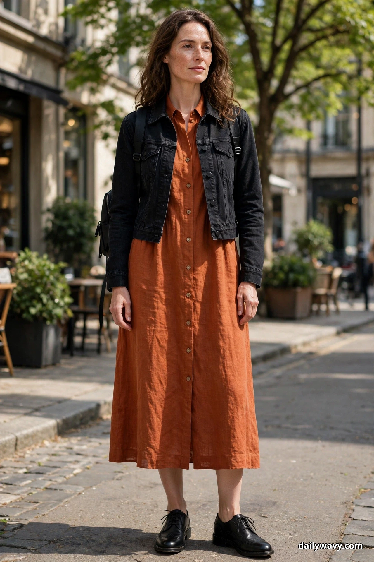 A woman stands full length on a city street wearing a rust-orange linen midi shirt dress under a cropped black denim jacket, with black lace-up oxford shoes and a small black backpack