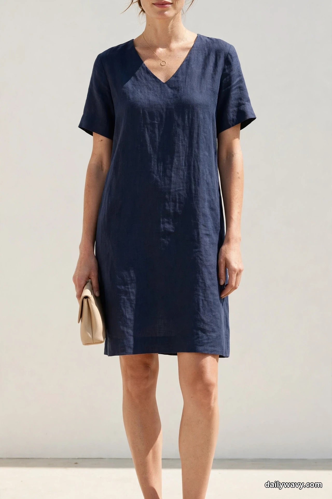 A woman stands against a plain light wall in a frame cropped at the chin and at the shins, wearing a navy linen shift dress with a delicate gold pendant necklace and holding a small nude clutch