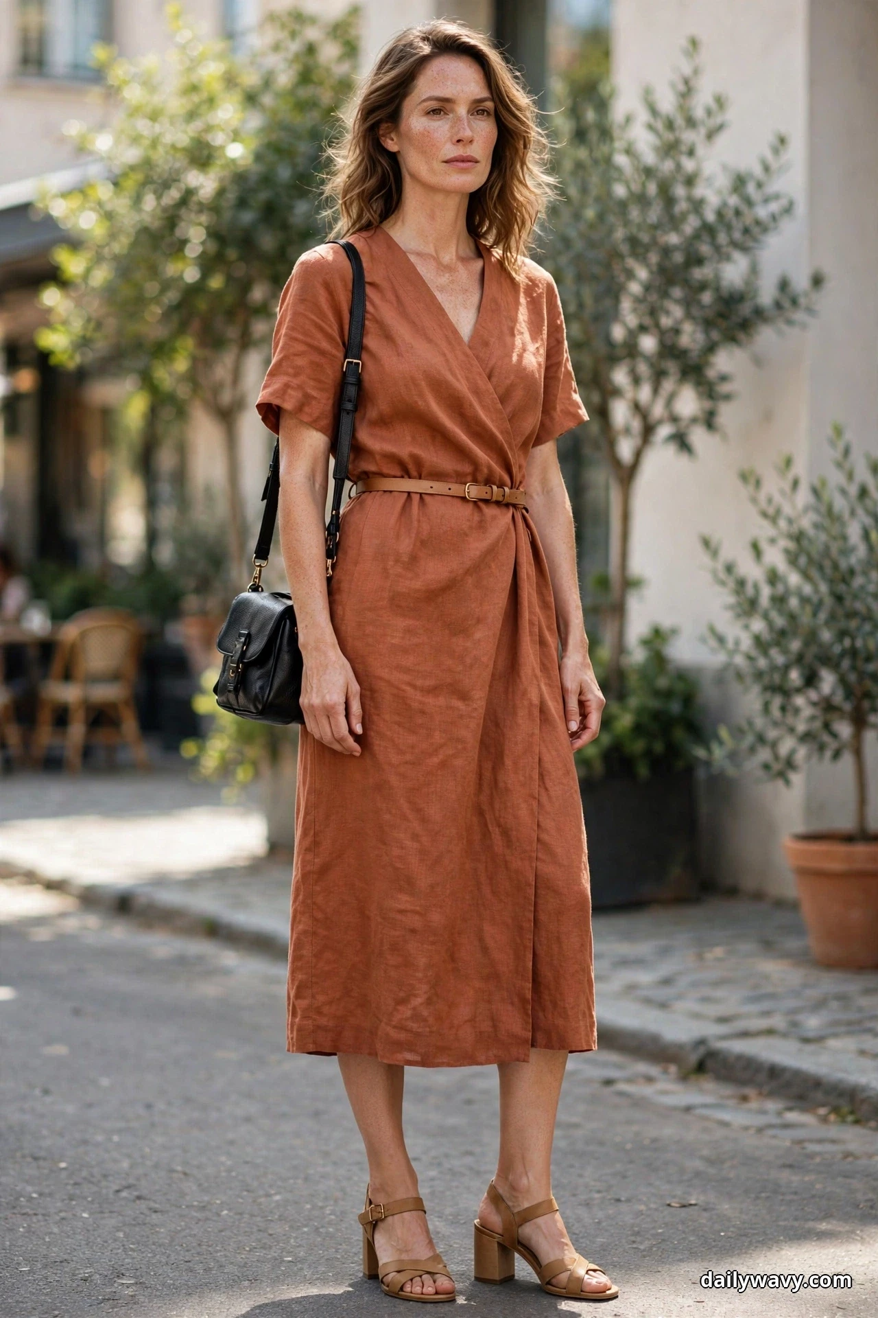 A woman stands full length on a city street wearing a terracotta linen wrap midi dress cinched with a thin tan leather belt, with a compact black shoulder bag and tan block-heel sandals