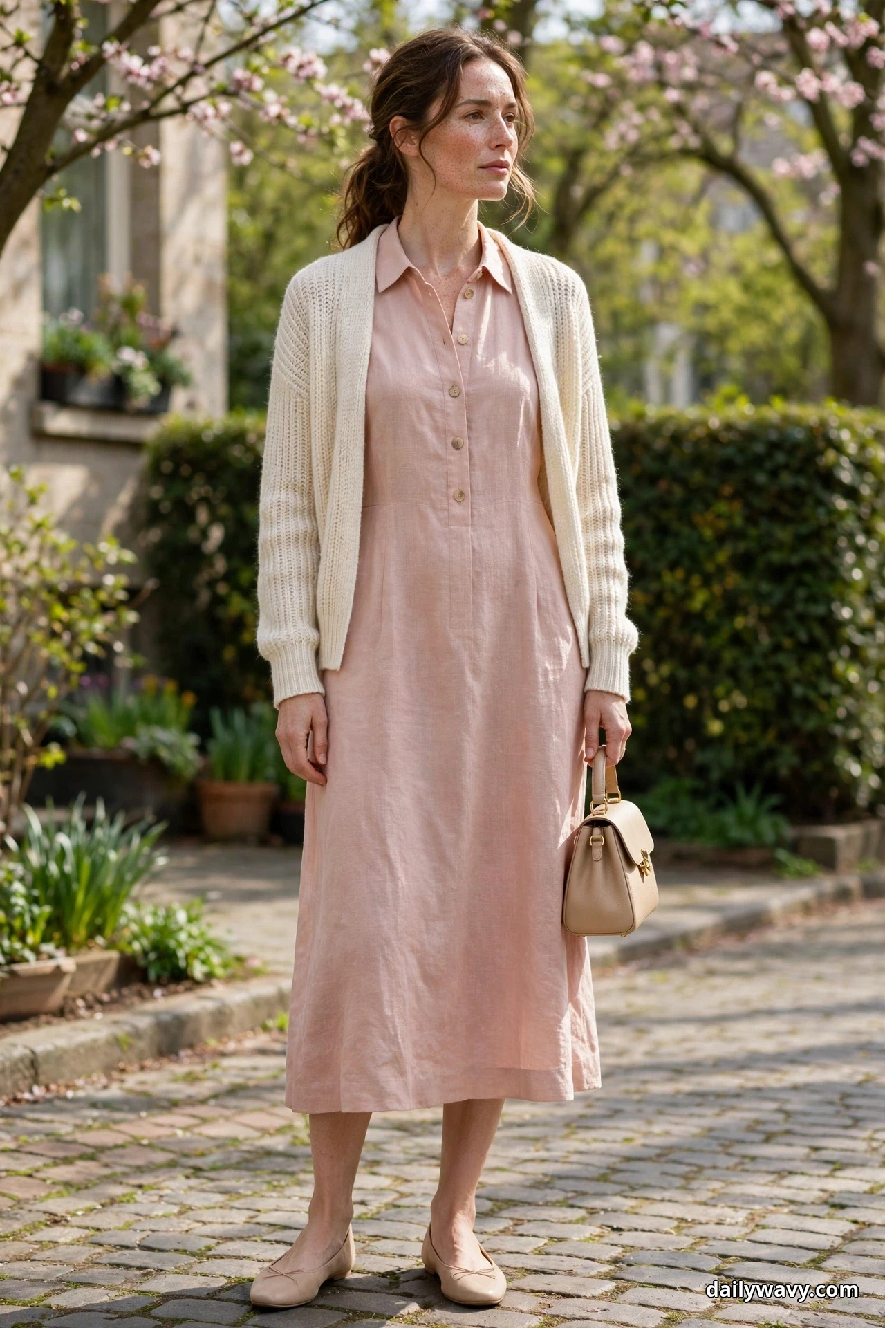 A woman stands full length on a spring garden street wearing a blush-pink linen midi shirt dress under a light cream knit cardigan worn open, holding a small top-handle bag, with nude ballet flats