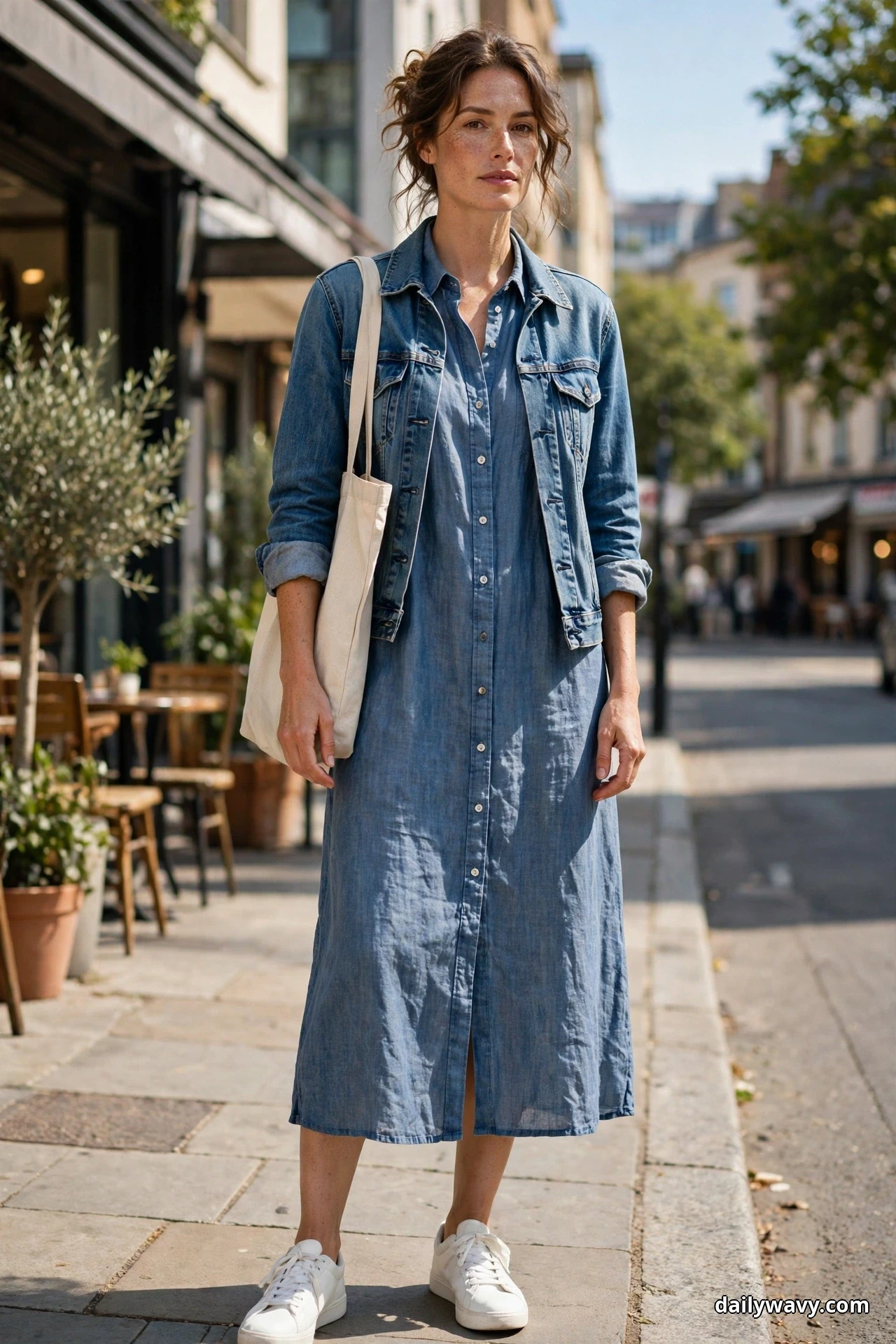 A woman stands full length on a city sidewalk wearing a chambray-blue linen shirt dress under a classic medium-wash denim jacket worn open with cuffed sleeves, carrying a canvas tote bag, with white sneakers