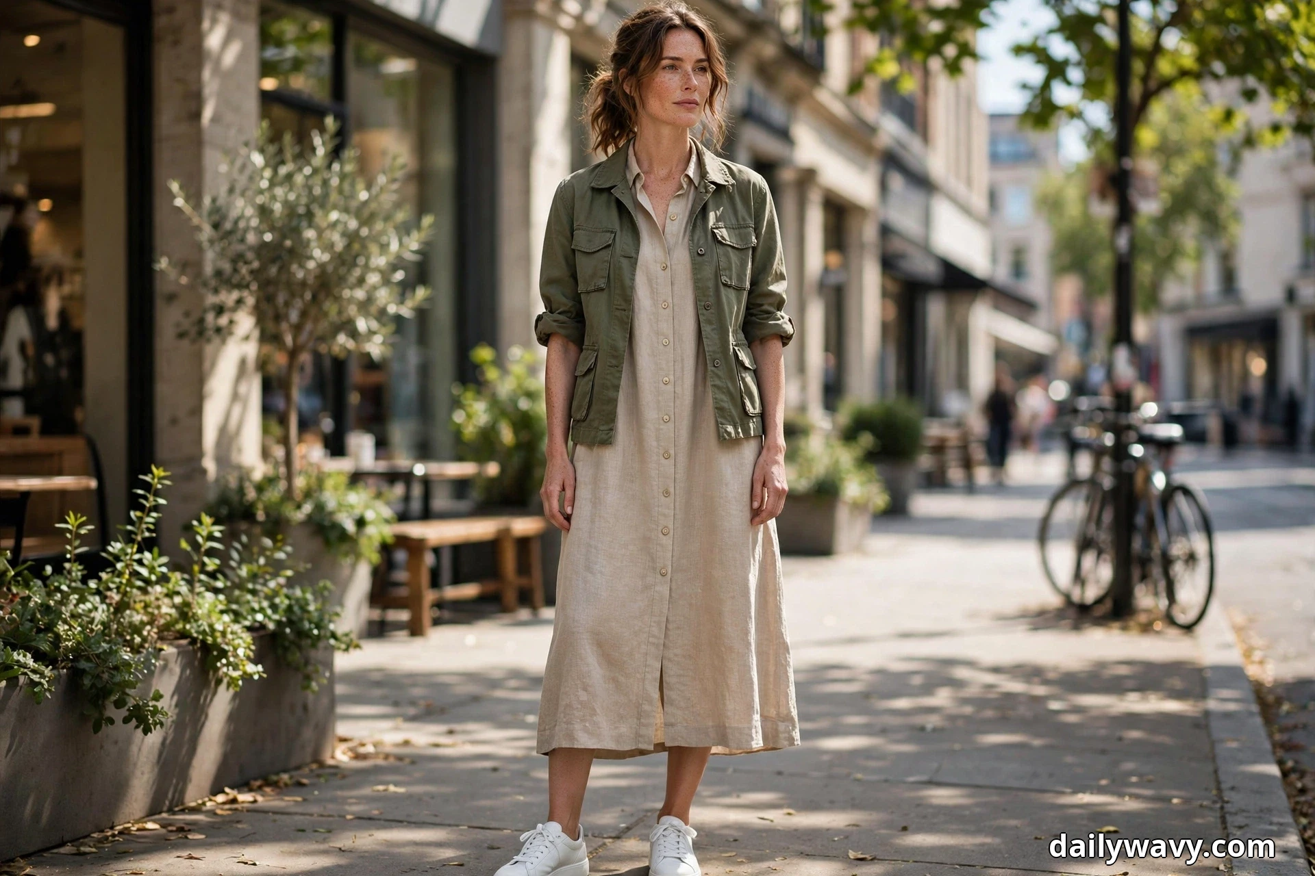 A woman stands full length on a sunlit city sidewalk wearing a short olive utility jacket with rolled sleeves over a sand-beige midi linen shirt dress, with white sneakers