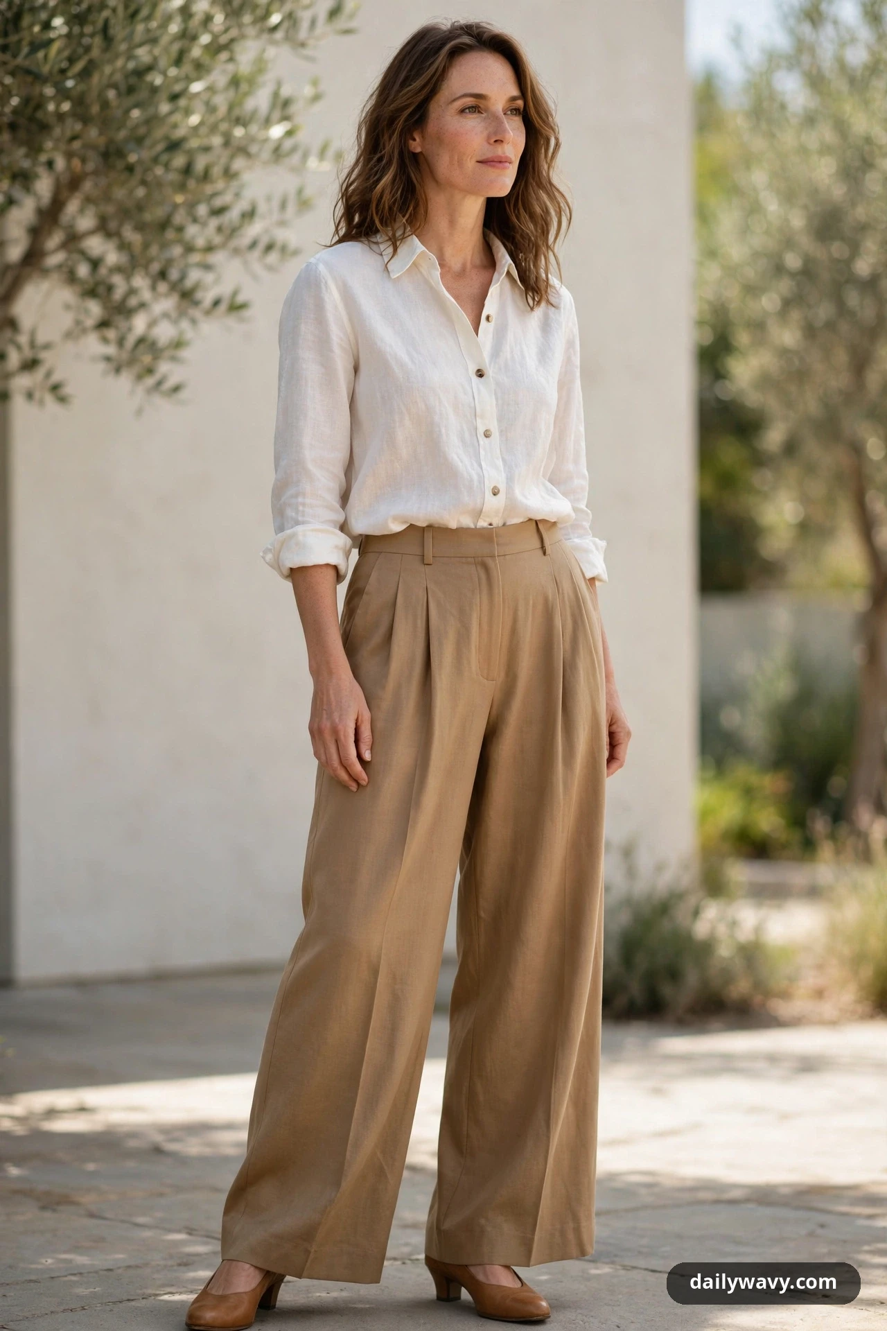 A woman wears an ivory linen shirt tucked into camel pleated wide-leg trousers with tan low block heels, standing outdoors in daylight.