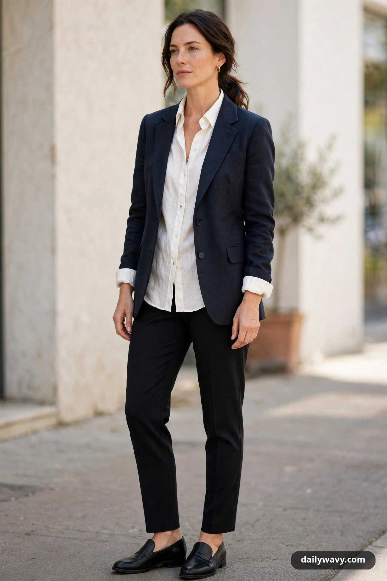 A woman wears a white linen shirt under a black structured blazer with black straight-leg trousers and black loafers.