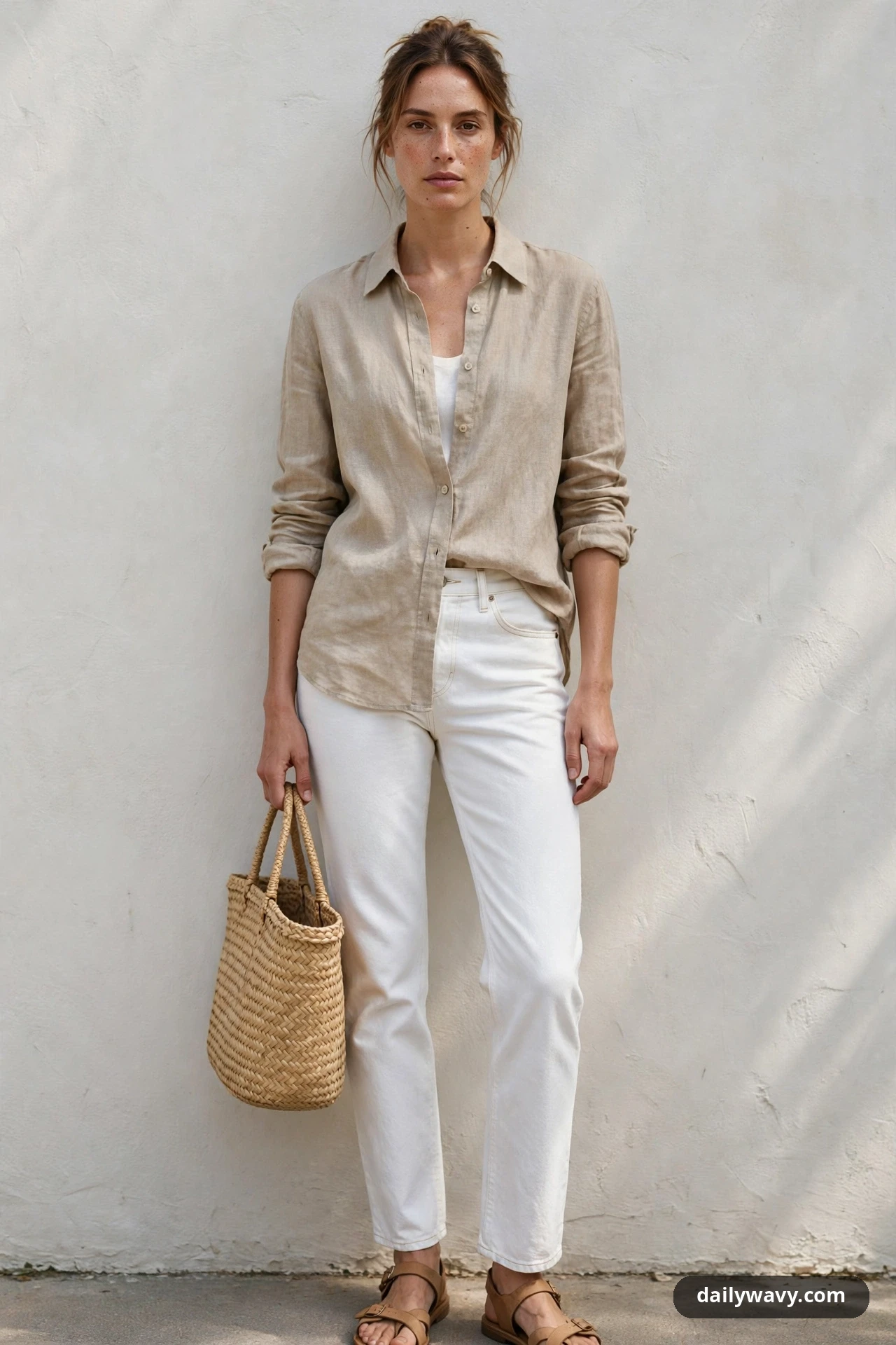 A woman wears a natural linen shirt open over a white camisole with white straight-leg jeans, tan leather sandals, and a woven straw tote against a textured wall.