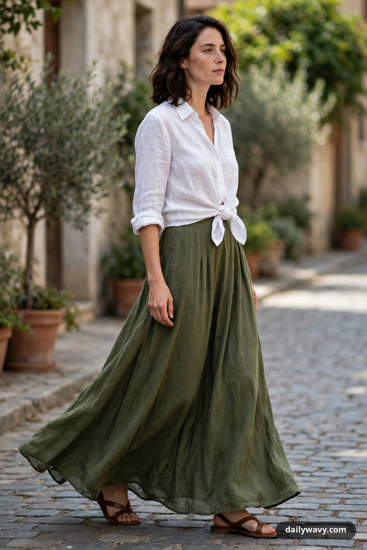 A woman walks along a cobblestone street in a white linen shirt knotted at the waist over an olive green maxi skirt with brown leather flat sandals.