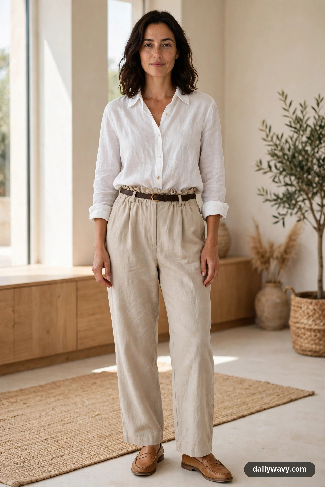 A woman wears a white linen shirt tucked into beige high-rise paperbag trousers with a slim brown belt and tan loafers.