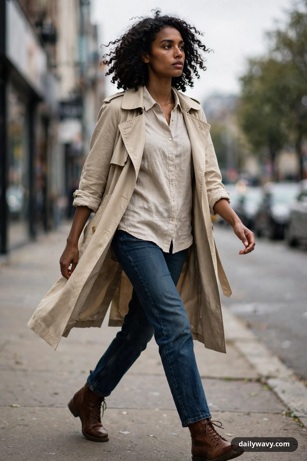 A woman walks along a city sidewalk in a natural linen shirt and dark-wash straight-leg jeans under a beige trench coat with brown lace-up ankle boots.