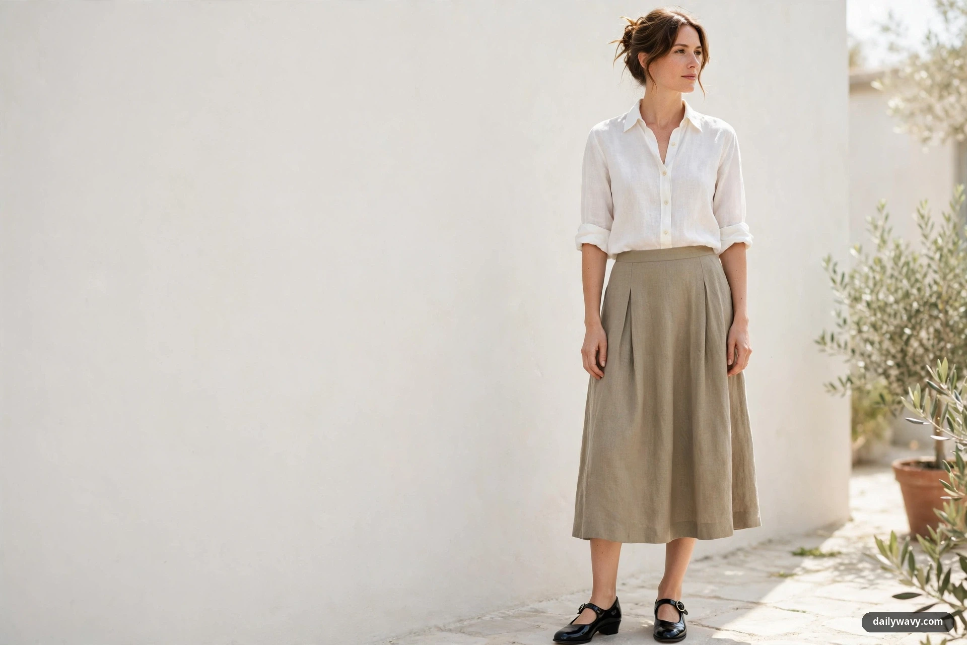 A wide view shows a woman in a white linen shirt with rolled sleeves tucked into a beige pleated midi skirt and black Mary Jane shoes, standing against a cream wall in bright daylight.