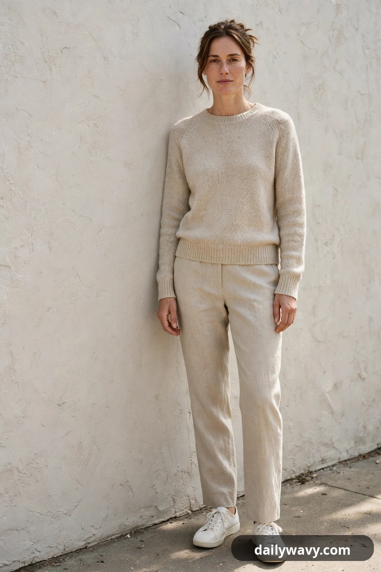 A woman stands against a pale wall wearing an oatmeal crewneck sweater with sand linen trousers and white lace-up sneakers