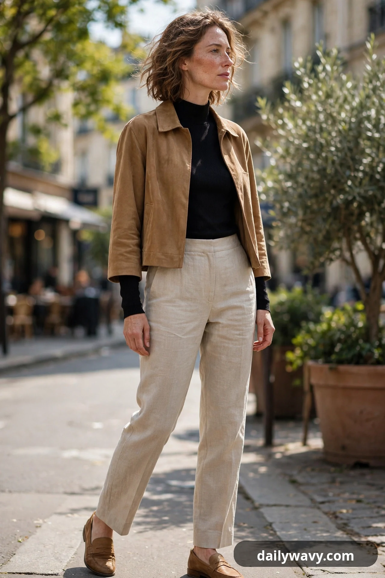 A woman wears a black mock-neck top under a cropped tan jacket, with sand linen trousers and tan leather loafers