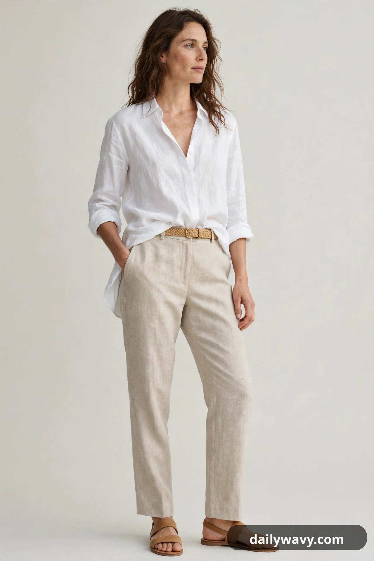 A woman wears a white relaxed linen shirt with a front half tuck, sand linen trousers, a woven tan belt and flat tan sandals