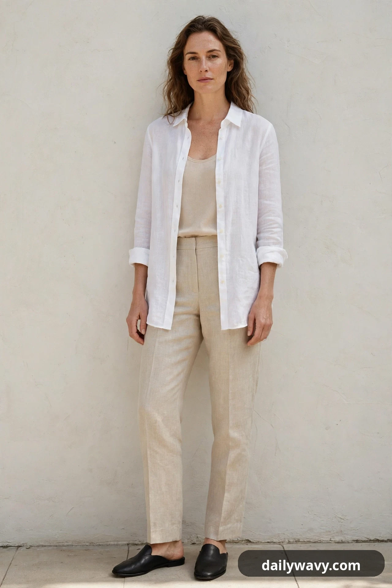 A woman wears a longline white shirt open over a beige camisole, with sand linen trousers and black flat mules