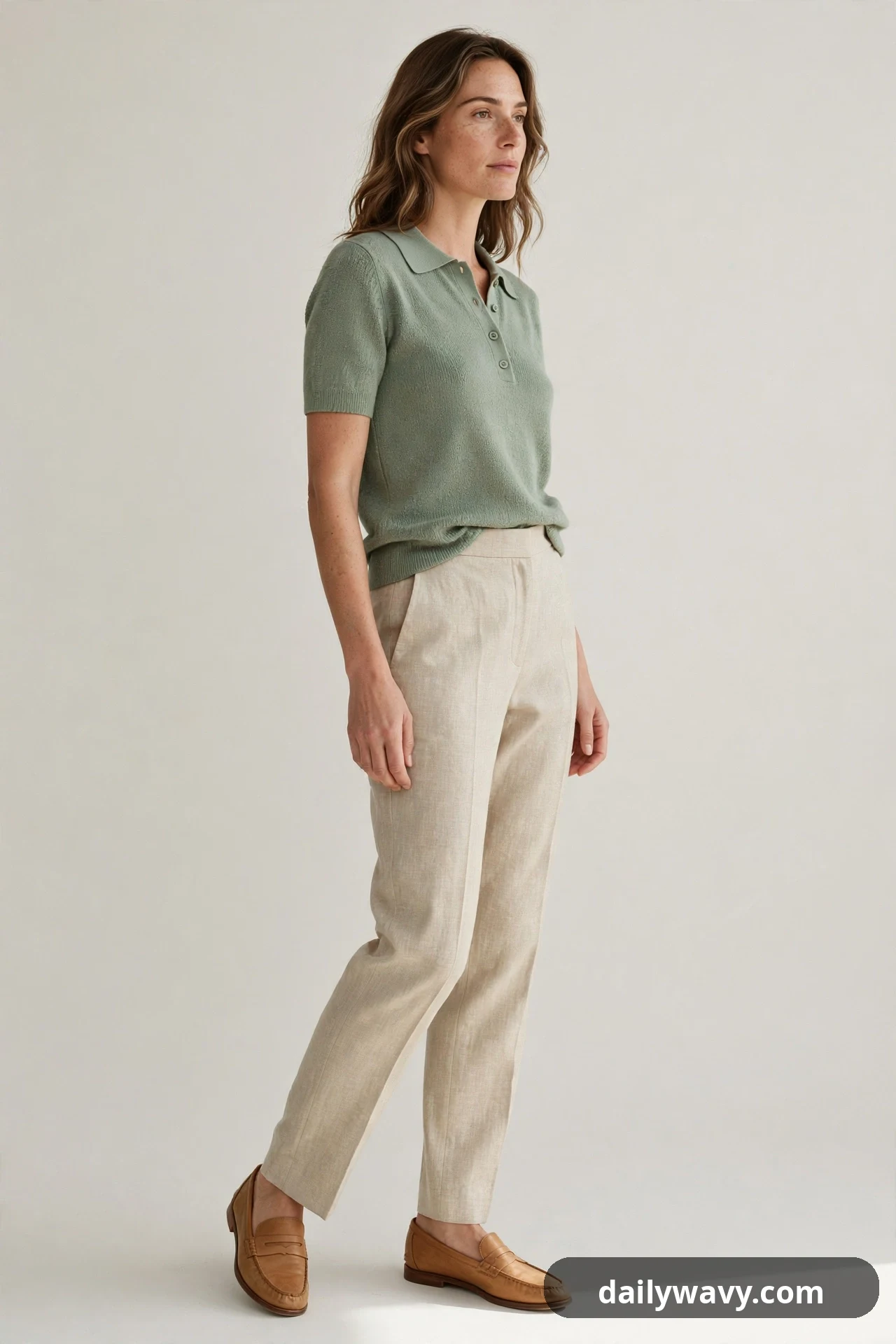 A woman wears a sage knit polo tucked into sand linen trousers with tan leather loafers