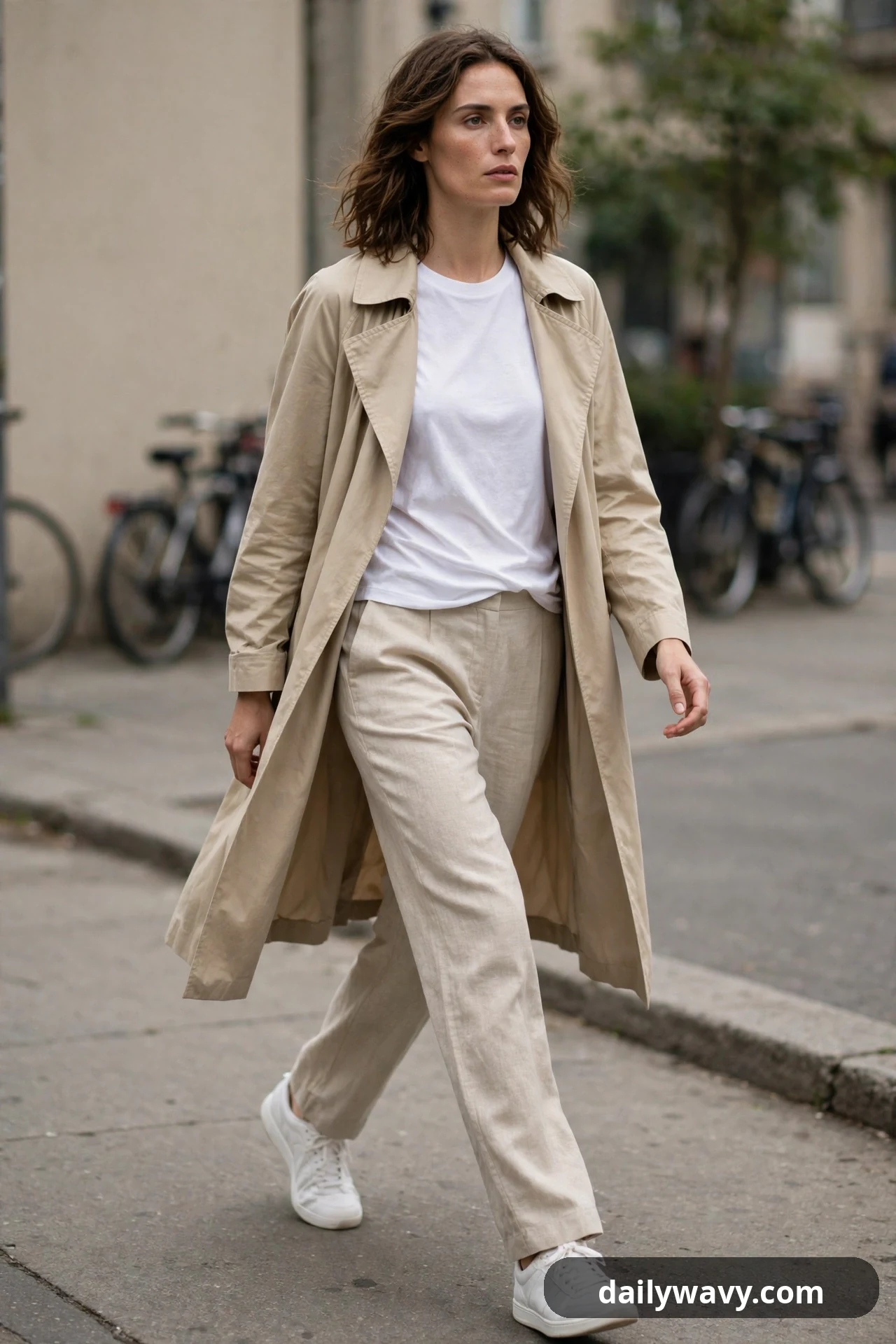 A woman walks along a city street in a white tee under an open beige trench coat, with sand linen trousers and white sneakers