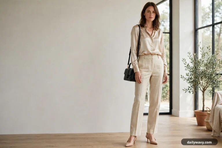 A wide view shows a woman in a champagne silk-look blouse tucked into sand linen trousers, wearing nude slingbacks and carrying a small black shoulder bag beside tall windows